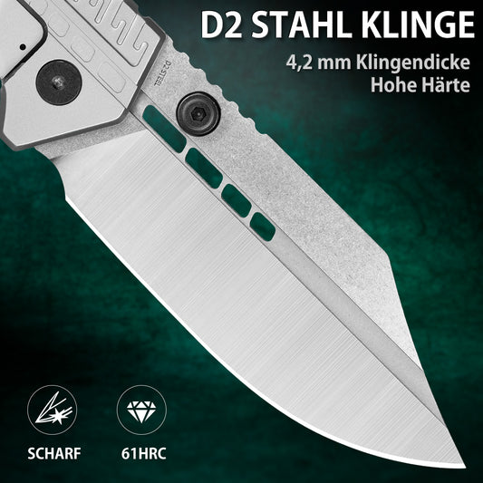 LOTHAR LORD Klappmesser, D2 Stahl Einhandmesser mit Gürtelclip, 420 Stahl Griff, Großes Outdoor Messer, Geeignet für Sammlung