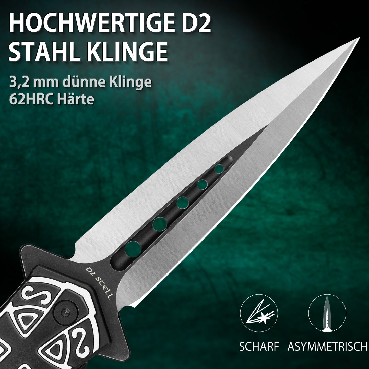 LOTHAR PASTOR 2 Klappmesser, D2 Stahl Einhandmesser mit Gürtelclip, Taschenmesser mit 3D Prägen Reliefgravur, Liner Lock, Geeignet für Sammlung