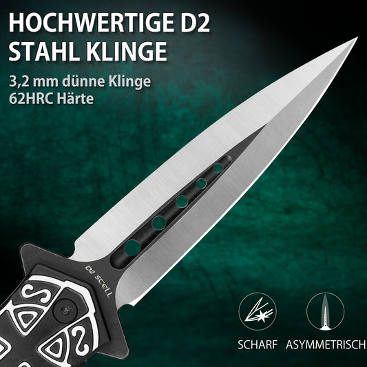 LOTHAR PASTOR 2 Klappmesser, D2 Stahl Einhandmesser mit Gürtelclip, Taschenmesser mit 3D Prägen Reliefgravur, Liner Lock, Geeignet für Sammlung