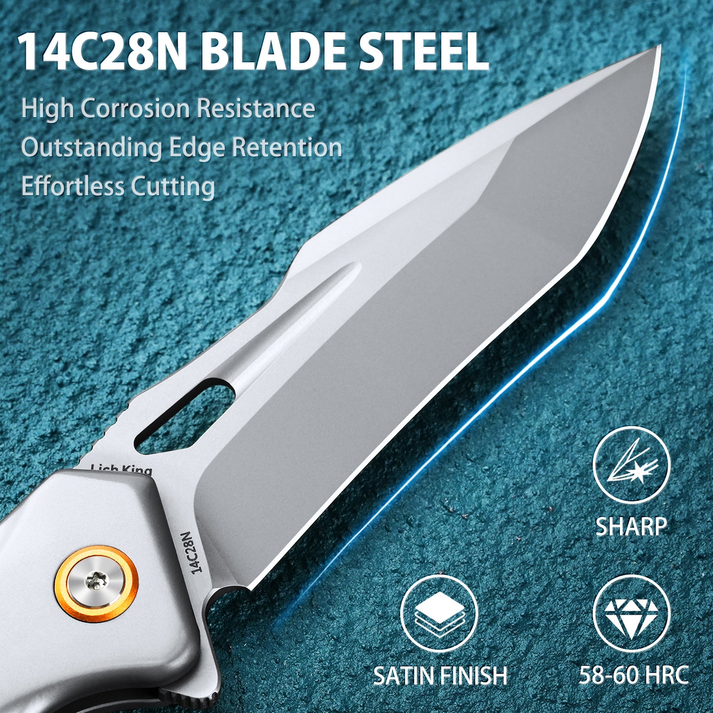 LOTHAR LICH KING Klappmesser, Scharfe 14C28N Stahl Taschenmesser, Einhandmesser mit G10 Griff, Button Lock Outdoor Messer, Survival Messer