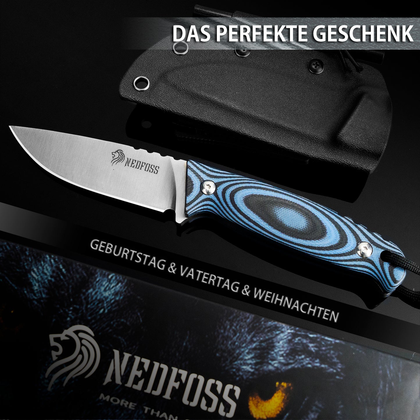 NedFoss HYENAS Outdoor Messer, 9cm Full tang Survival Messer mit Kydex Holster, scharfes Bushcraft Messer mit rutschfestem G10 Griff, Jagdmesser, Fahrtenmesser