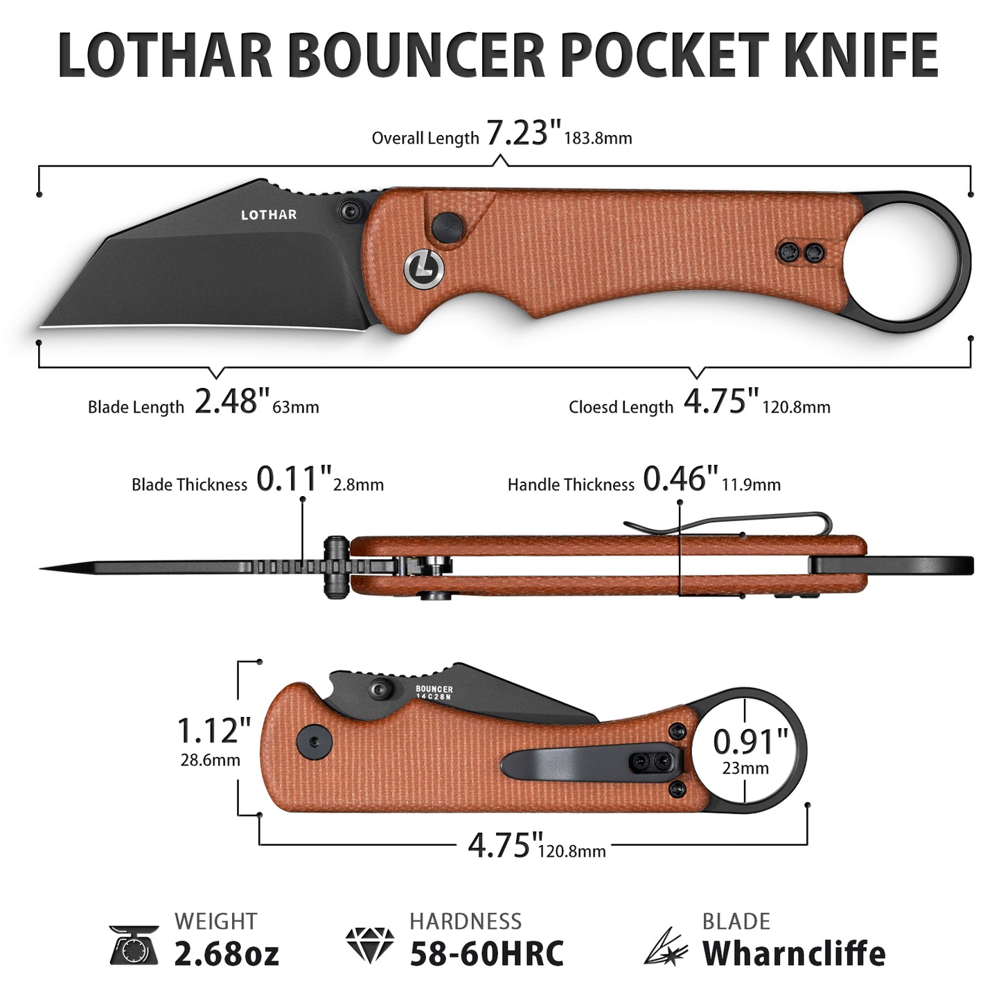 LOTHAR BOUNCER 2,48" 14C28N Stahl taktisches Klappmesser mit Micarta-Griff, umkehrbarer Taschenclip