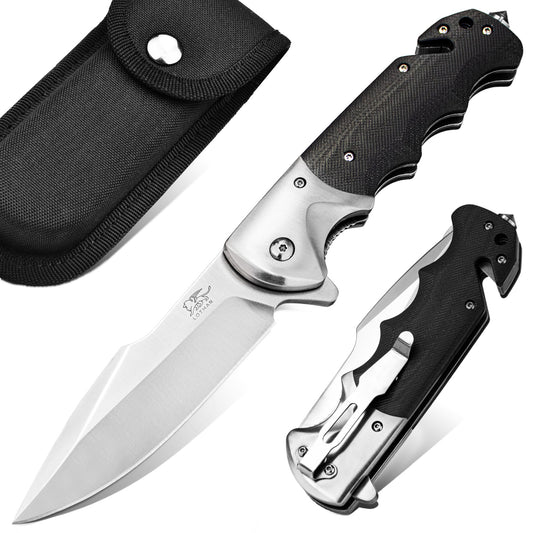 LOTHAR SMAUG Rettungsmesser, 9.4CM Klappmesser aus D2 Stahl mit Glasbrecher & Gurtschneider, G10 Griff Einhandmesser mit Clip, Robustes Outdoor Messer, Rescue Messer für Camping, Jagd, Notfälle