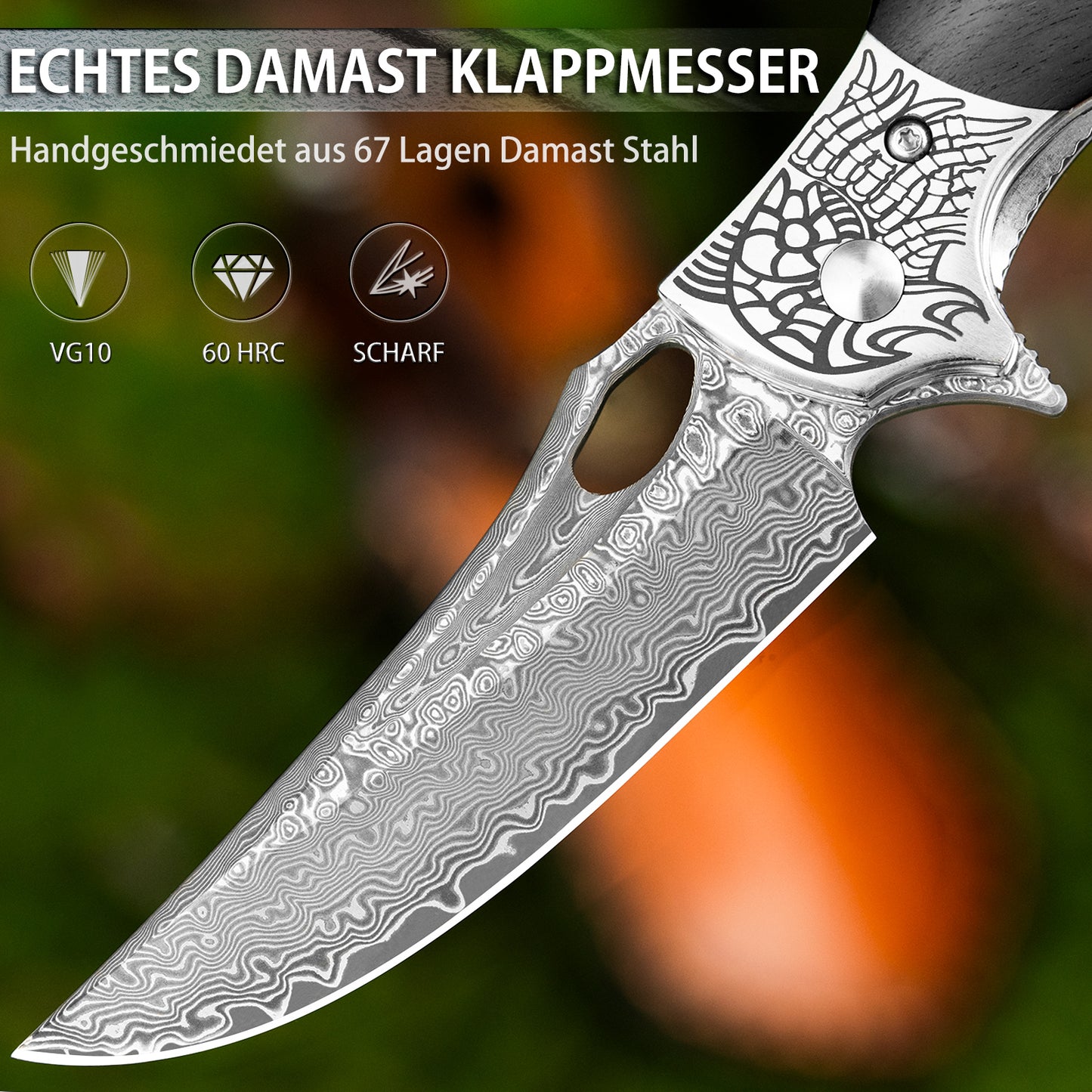LOTHAR KRAKEN Taschenmesser, Damast Klappmesser aus 67 Lagen VG10 Damaststahl, Damast Taschenmesser mit Scharfe Klinge und Ebenholzgriff, Damastmesser für Sammlung oder Geschenk (Ebenholz)