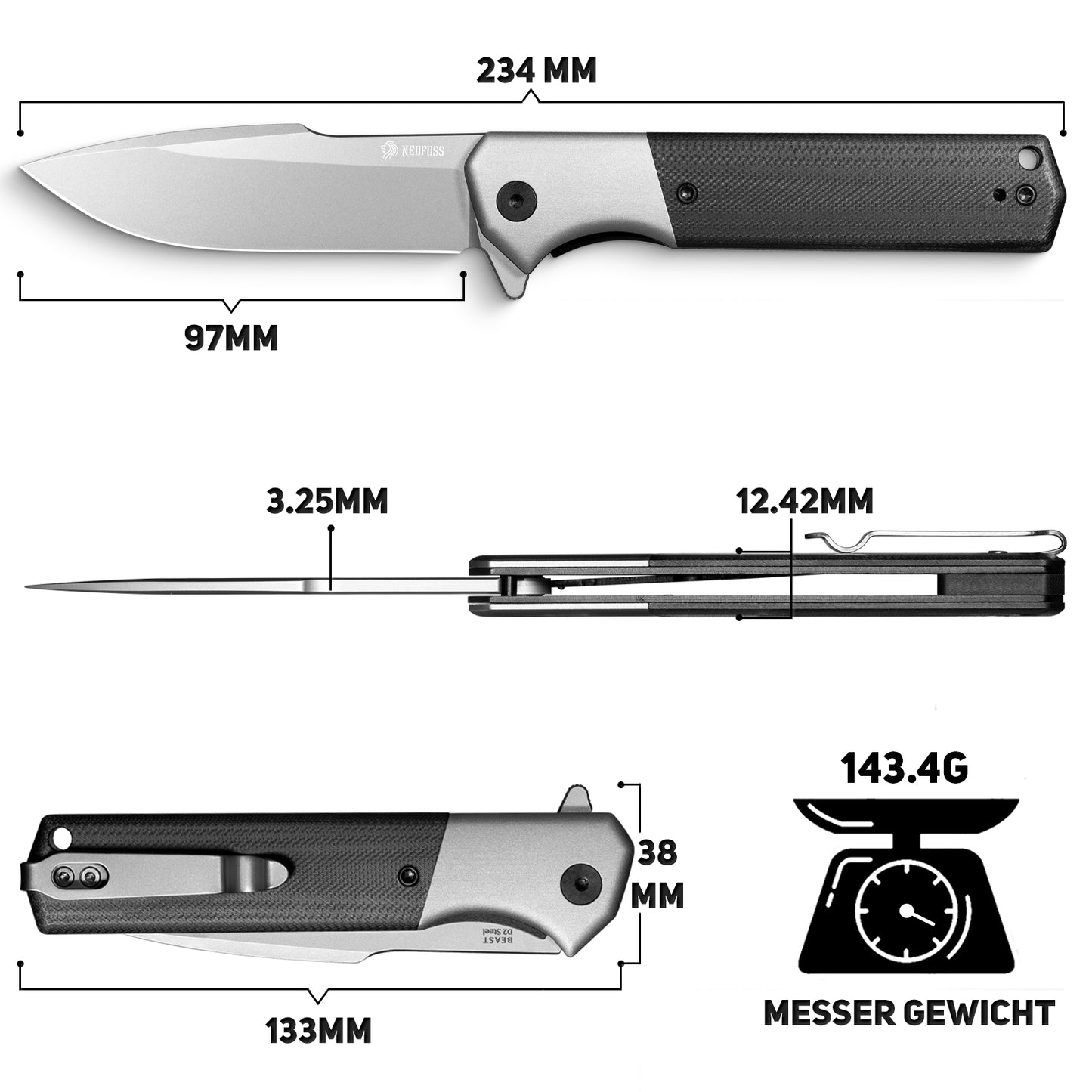 NedFoss BEAST Klappmesser, 10cm D2 Stahl Klinge, großes Taschenmesser, G10 Handle, Scharfes Einhandmesser mit Scheide