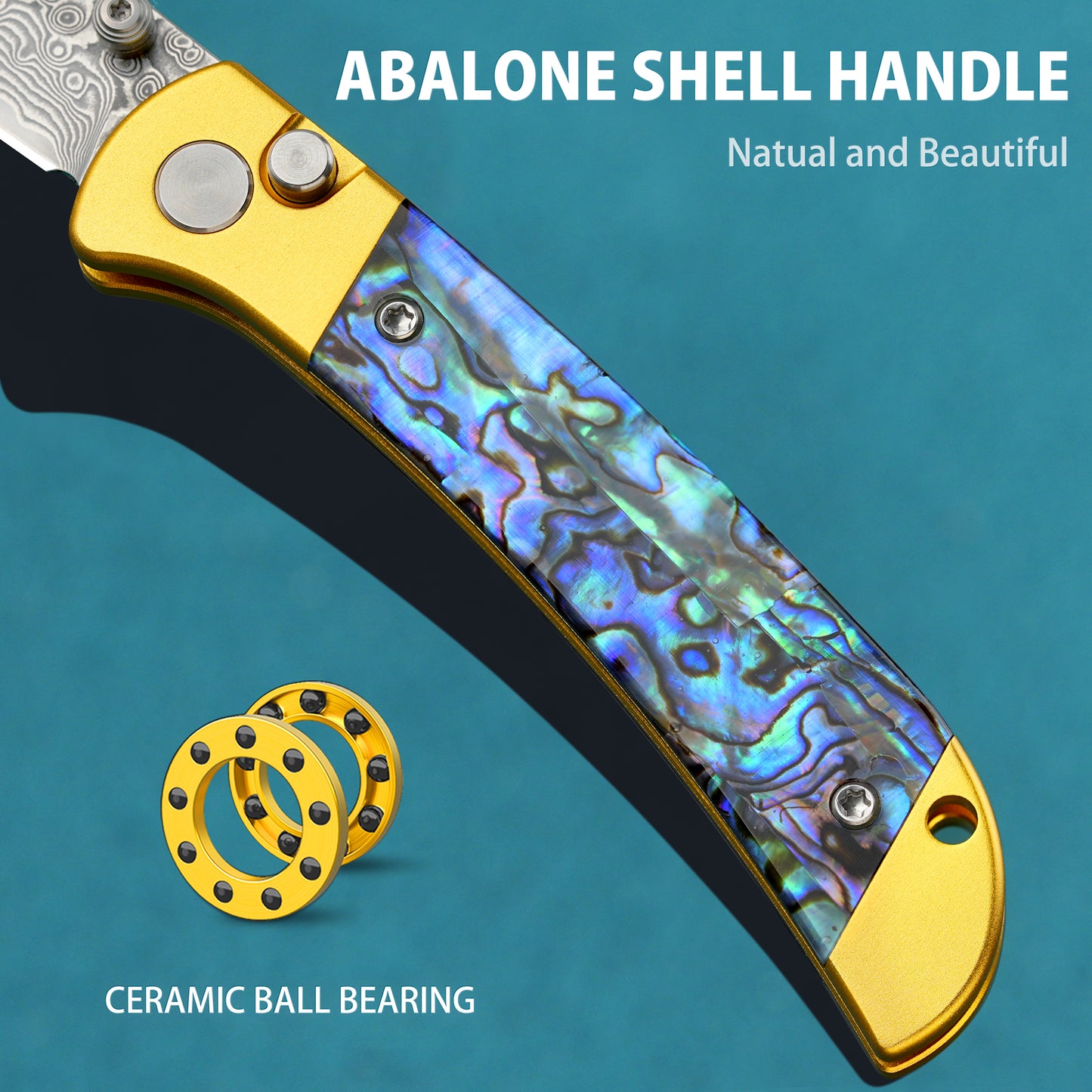 Damaskus Handgefertigtes Klappmesser mit Knopfverschluss aus geschmiedetem Damaszenerstahl,  mit Griff aus Abalone-Muschel und VG10-Stahl