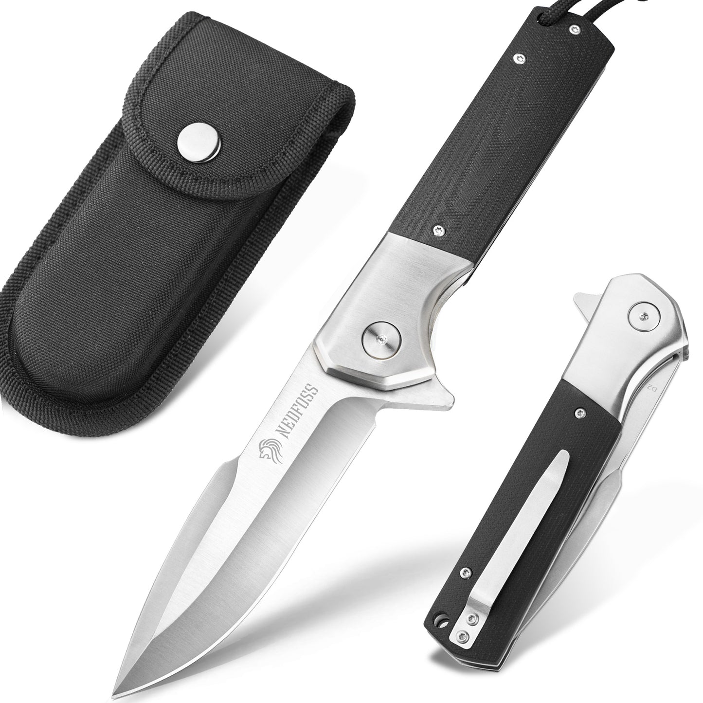 NedFoss BEAST Couteau pliant, lame de 10 cm en acier D2, couteau de poche avec manche G10, couteau à ouverture à une main avec liner lock et roulement à billes, couteau d'extérieur avec clip, couteau de survie pour collection et cadeau