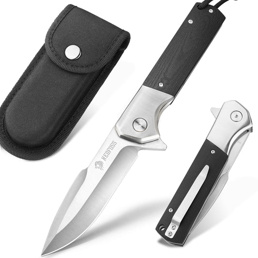 NedFoss BEAST Couteau pliant, lame de 10 cm en acier D2, couteau de poche avec manche G10, couteau à ouverture à une main avec liner lock et roulement à billes, couteau d'extérieur avec clip, couteau de survie pour collection et cadeau