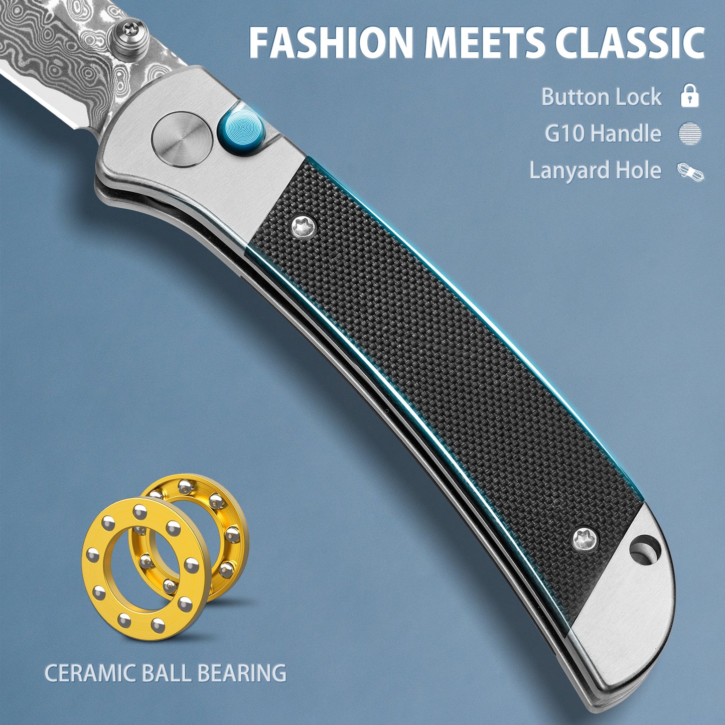 LOTHAR FALCON Taschenmesser, 7.7CM Scharfe Damast Stahl Klappmesser, Kleines G10 Griff Einhandmesser mit Knopfdruck, Button Lock EDC Messer, Gürtelclip, Ideal für Outdoor Enthusiasten