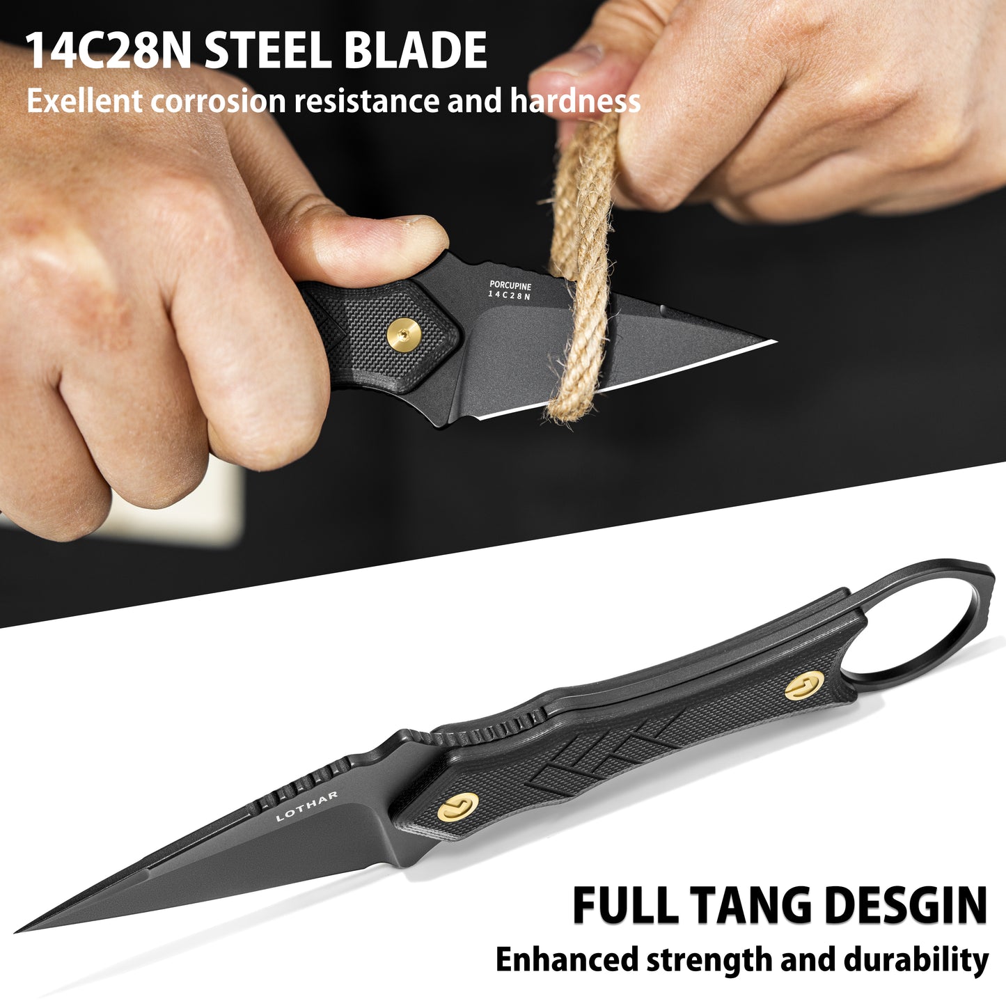 LOTHAR PORCUPINE 14C28N Stahl Neck Knife Messer,42A Fulltang Kleines Feststehendes Messer mit G10 Griff, Outdoor Messer mit Kydex Scheide und Gürtelclip (Schwarze Klinge)