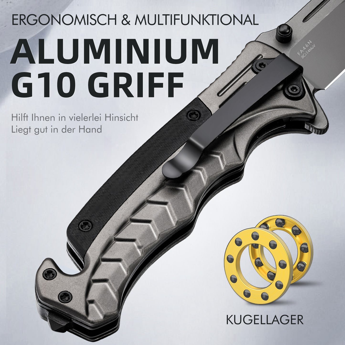 NedFoss FA46N Taschenmesser, Rettungsmesser mit Gurtschneider & Glasbrecher, Klappmesser mit Gürtelclip, Einhandmesser für Auto, Survival überlebensmesser für Unfallsituationen, Rescue messer