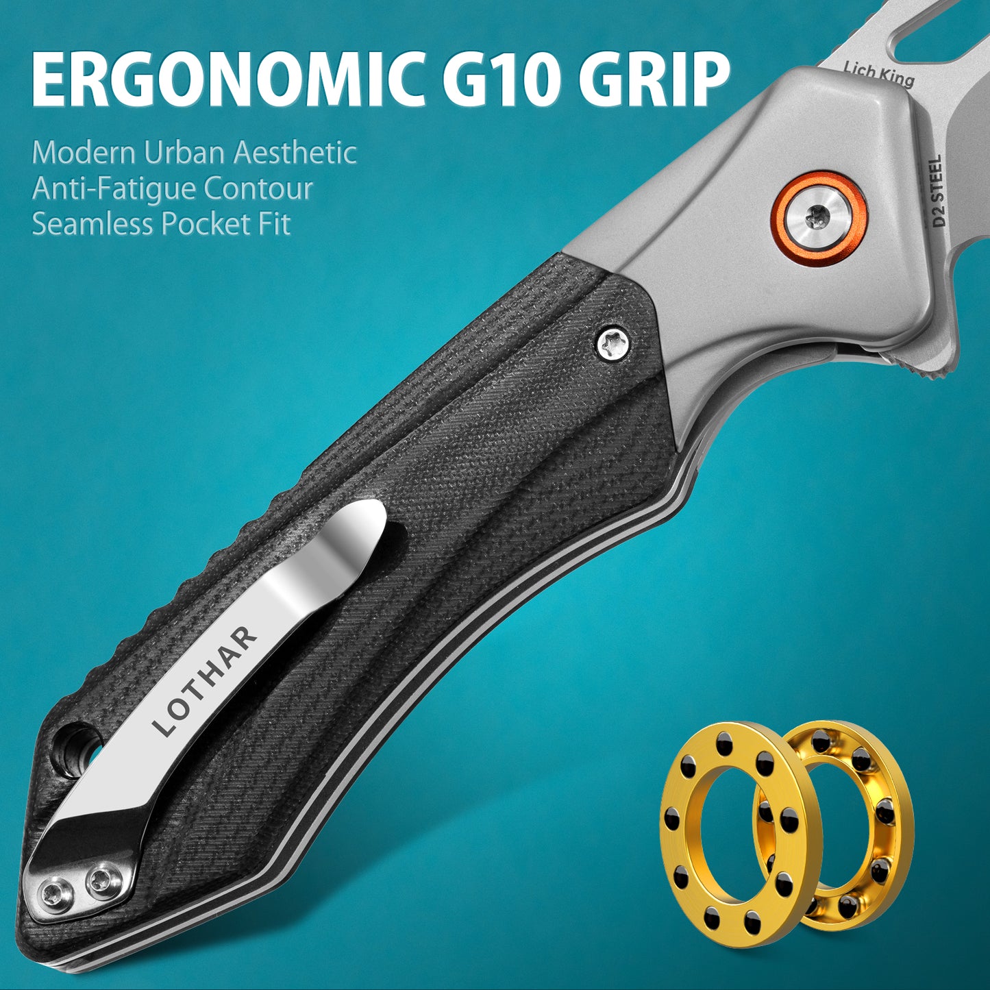 LOTHAR LICH KING Klappmesser, Taschenmesser aus D2 Stahl, Einhandmesser mit G10 Griff, Outdoor Messer Survival für Camping, Jagd & Abenteuer (D2-Grau)