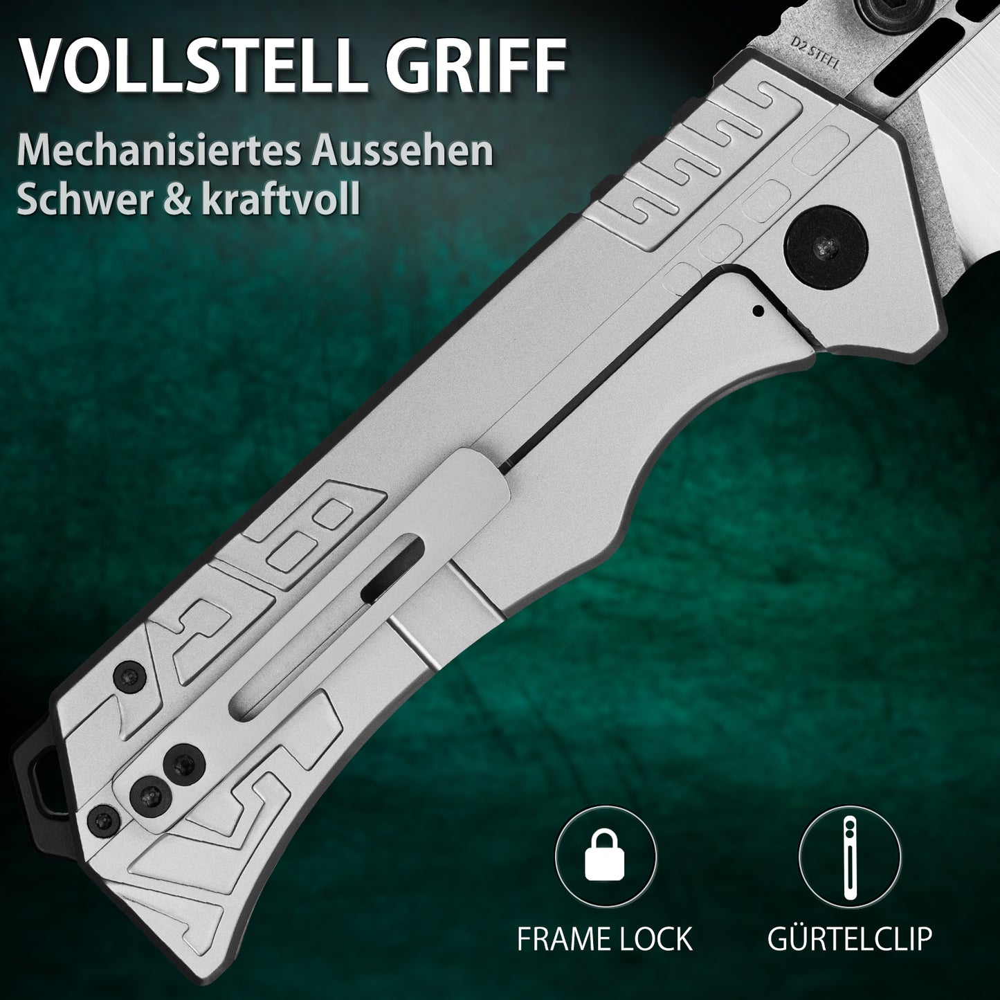 LOTHAR LORD Klappmesser, D2 Stahl Einhandmesser mit Gürtelclip, 420 Stahl Griff, Großes Outdoor Messer, Geeignet für Sammlung