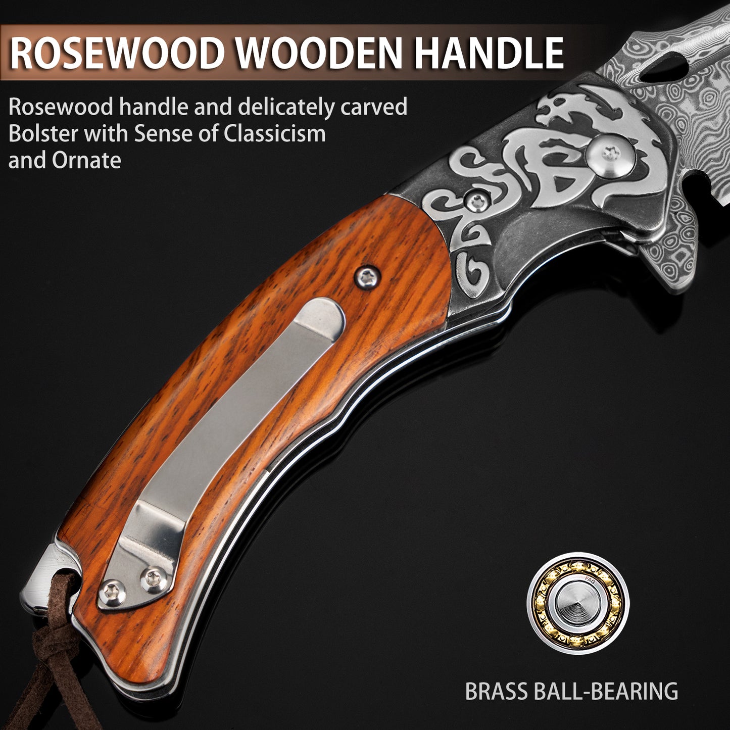 LOTHAR RHAEGAL Damast Klappmesser, Hochwertig Taschenmesser Outdoor aus 67 Lagen VG10 Damaststahl, Premium Damast Taschenmesser mit Holzgriff für Jagd, Ideal als Sammlung & Geschenk (Rosenholz)