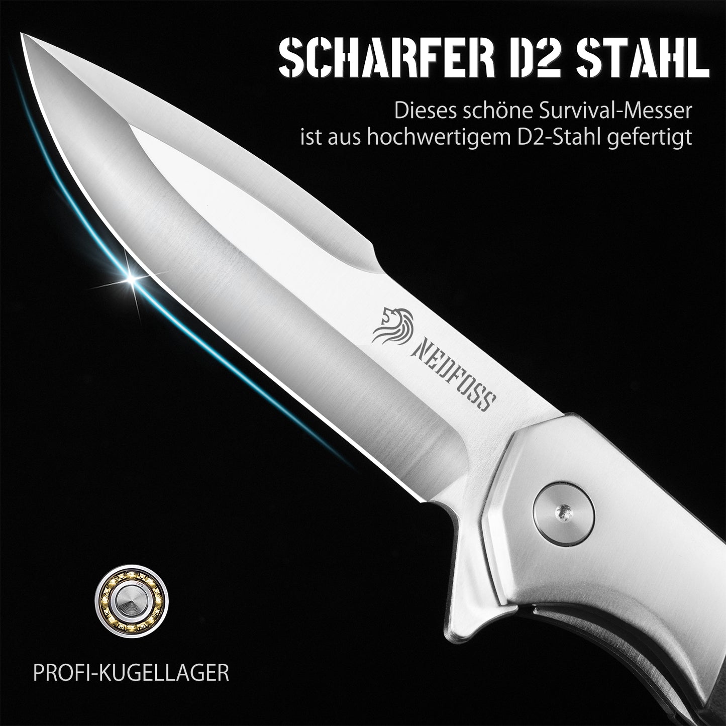 NedFoss BEAST Couteau pliant, lame de 10 cm en acier D2, couteau de poche avec manche G10, couteau à ouverture à une main avec liner lock et roulement à billes, couteau d'extérieur avec clip, couteau de survie pour collection et cadeau