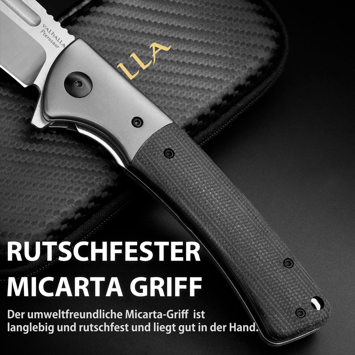 LOTHAR PTEROSAUR Klappmesser, D2 Stahl Einhandmesser mit Micarta Griff, Taschenmesser mit Gürtelclip, Outdoor Messer, Geeignet für Sammlung