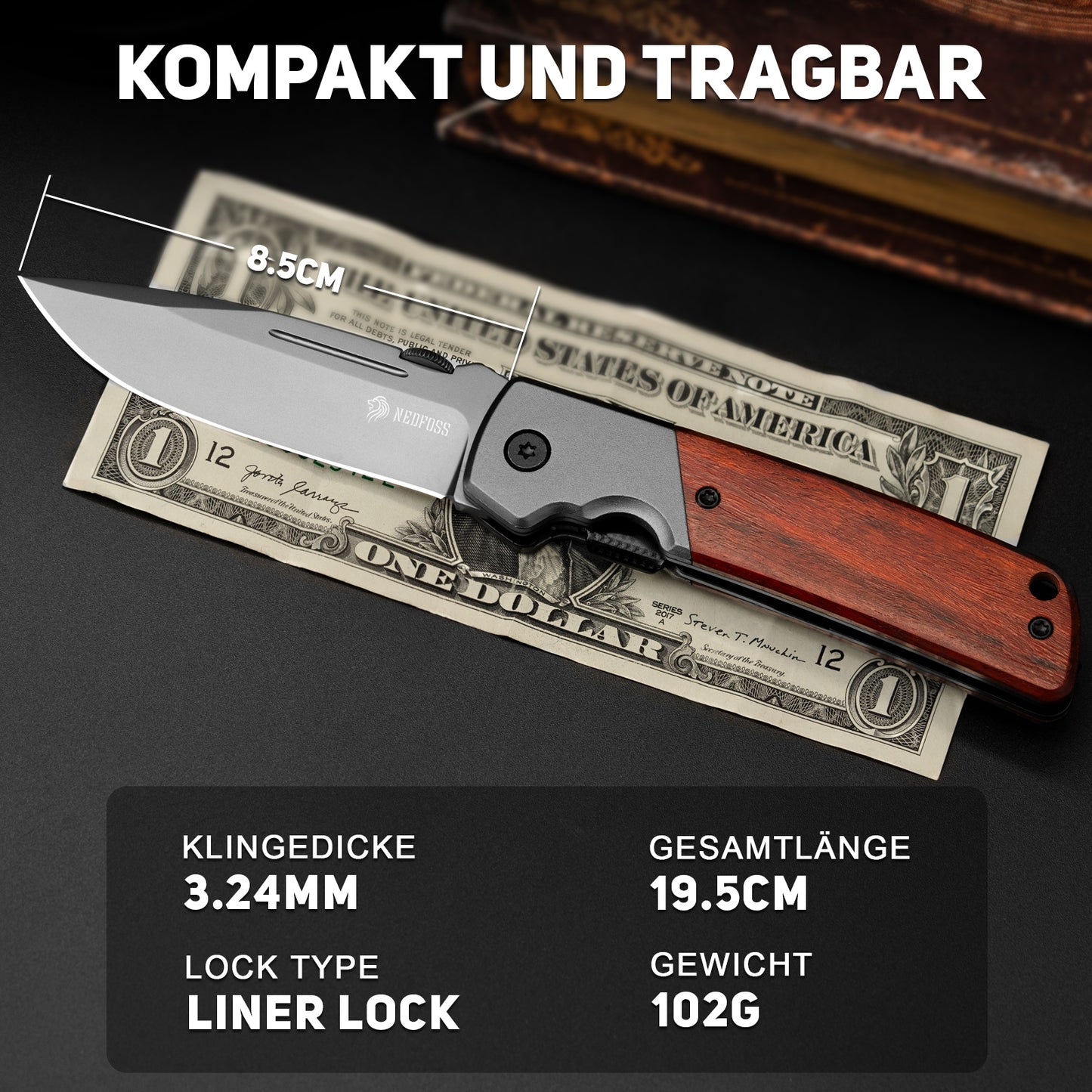 NedFoss DA52MINI Klappmesser, 8.5cm Einhandmesser mit Holzgriff & Liner Lock, Taschenmesser mit Clip, Outdoor Survival Messer, Gartenmesser, Brotmesser für den Alltag, als Sammlung & Geschenk