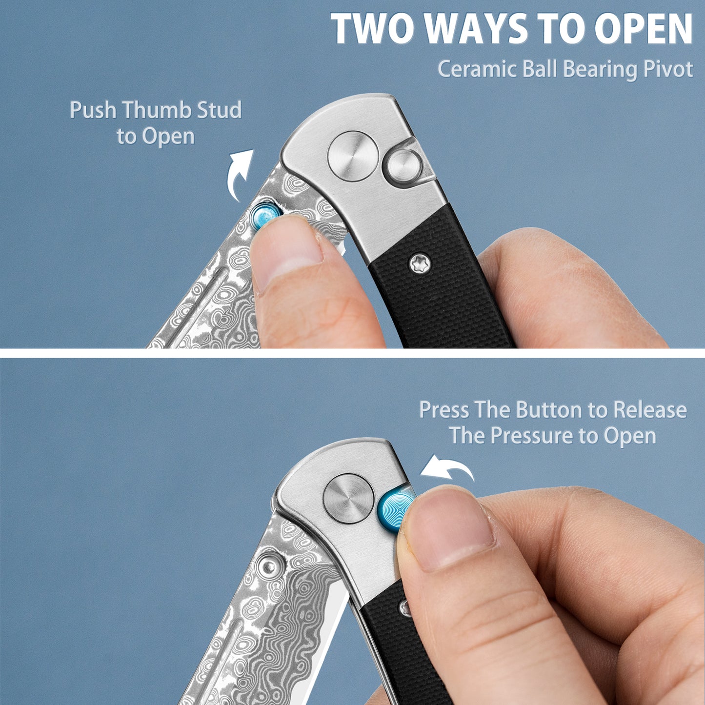 LOTHAR FALCON Taschenmesser, 7.7CM Scharfe Damast Stahl Klappmesser, Kleines G10 Griff Einhandmesser mit Knopfdruck, Button Lock EDC Messer, Gürtelclip, Ideal für Outdoor Enthusiasten