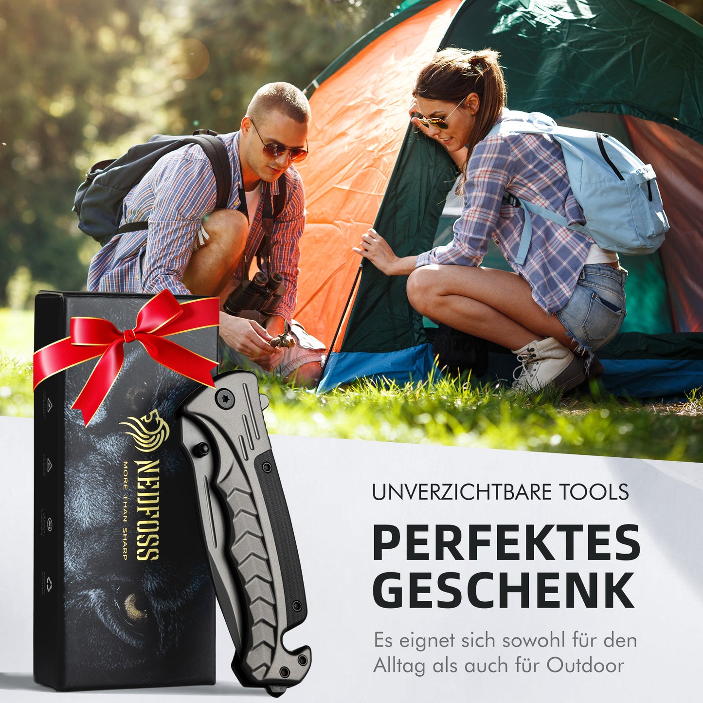NedFoss FA46N Taschenmesser, Rettungsmesser mit Gurtschneider & Glasbrecher, Klappmesser mit Gürtelclip, Einhandmesser für Auto, Survival überlebensmesser für Unfallsituationen, Rescue messer