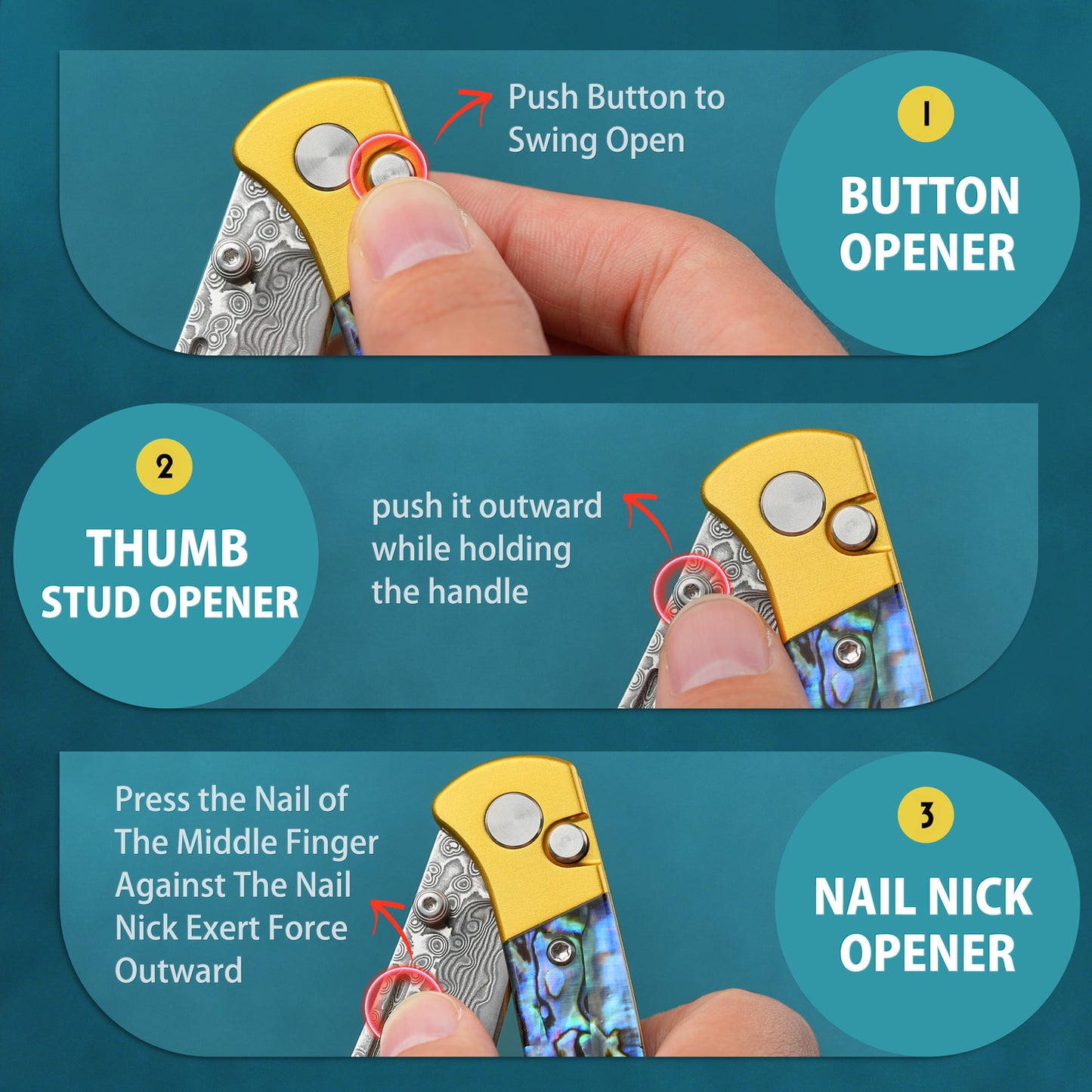 Damaskus Handgefertigtes Klappmesser mit Knopfverschluss aus geschmiedetem Damaszenerstahl,  mit Griff aus Abalone-Muschel und VG10-Stahl