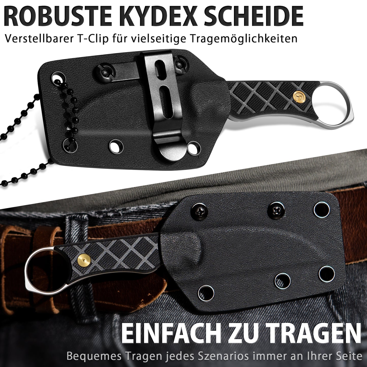 LOTHAR BEAVER Neck Knife Messer, 14C28N Stahl Fulltang Kleines Feststehendes Messer mit G10 Griff, Outdoor Mini-Messer mit Kydex Scheide und Gürtelclip