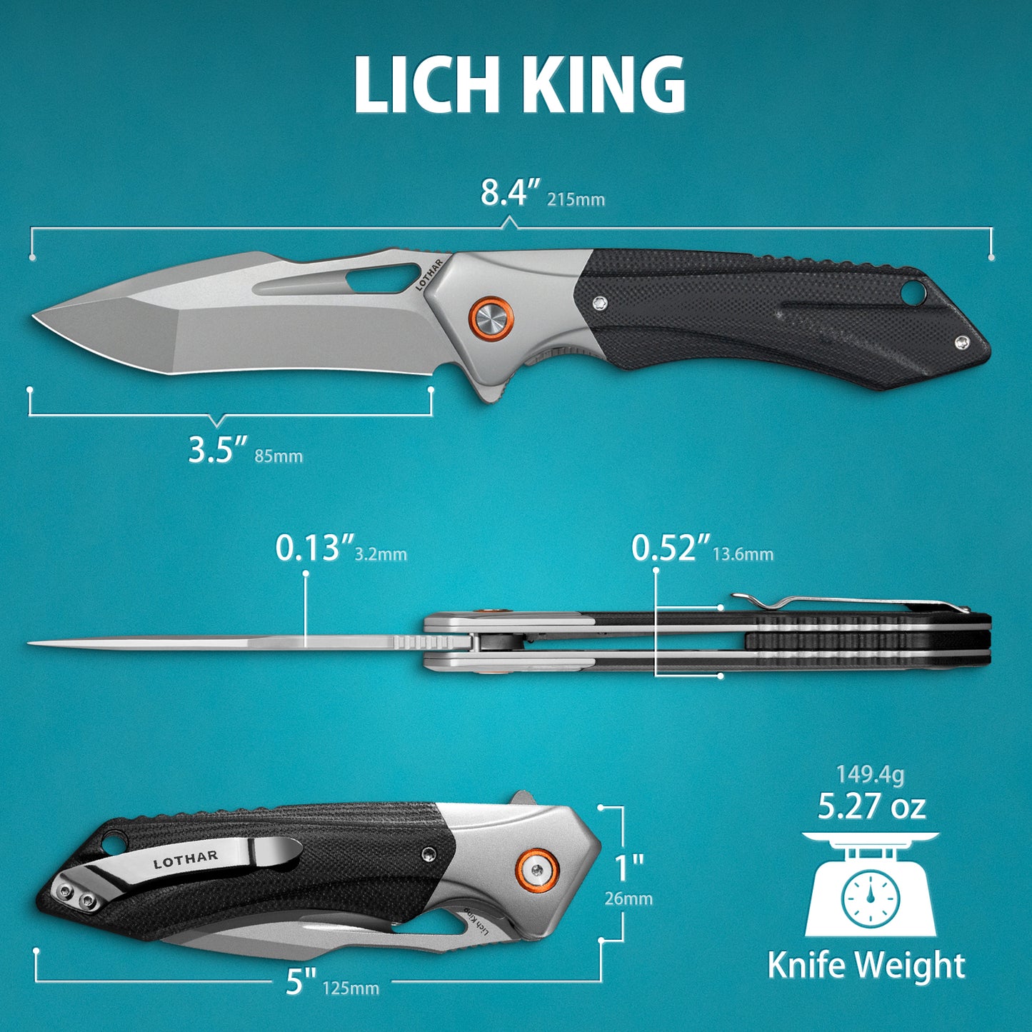 LOTHAR LICH KING Klappmesser, Taschenmesser aus D2 Stahl, Einhandmesser mit G10 Griff, Outdoor Messer Survival für Camping, Jagd & Abenteuer (D2-Grau)