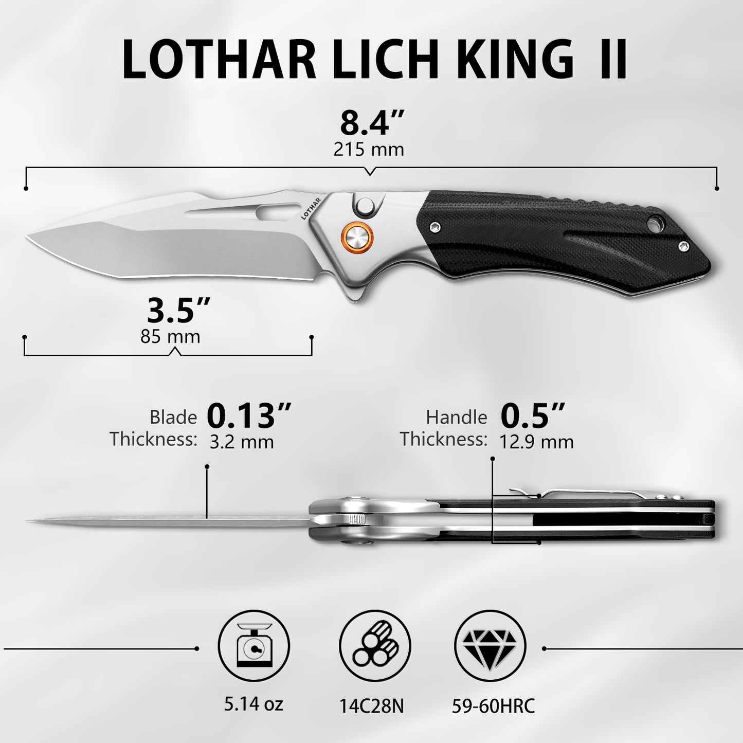 LOTHAR LICH KING Klappmesser, Scharfe 14C28N Stahl Taschenmesser, Einhandmesser mit G10 Griff, Button Lock Outdoor Messer, Survival Messer