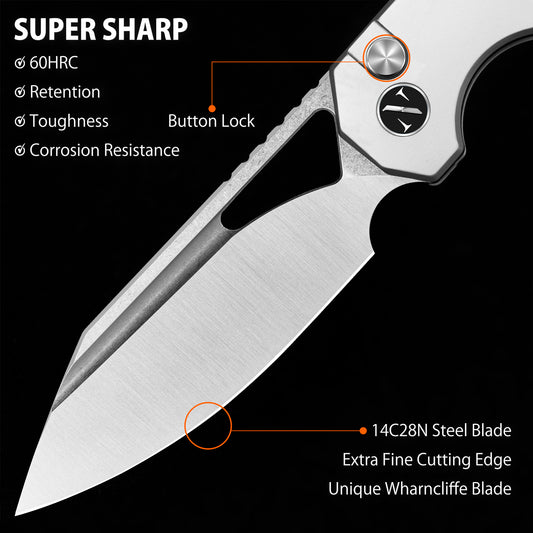 NedFoss COUGAR Klappmesser, 7.5cm 14C28N Stahl Taschenmesser mit Button-Lock, Einhandmesser mit leichtem Stahlgriff, Outdoor Messer mit Gürtelclip, Survival Messer für den Alltag, Sammlung & Geschenk
