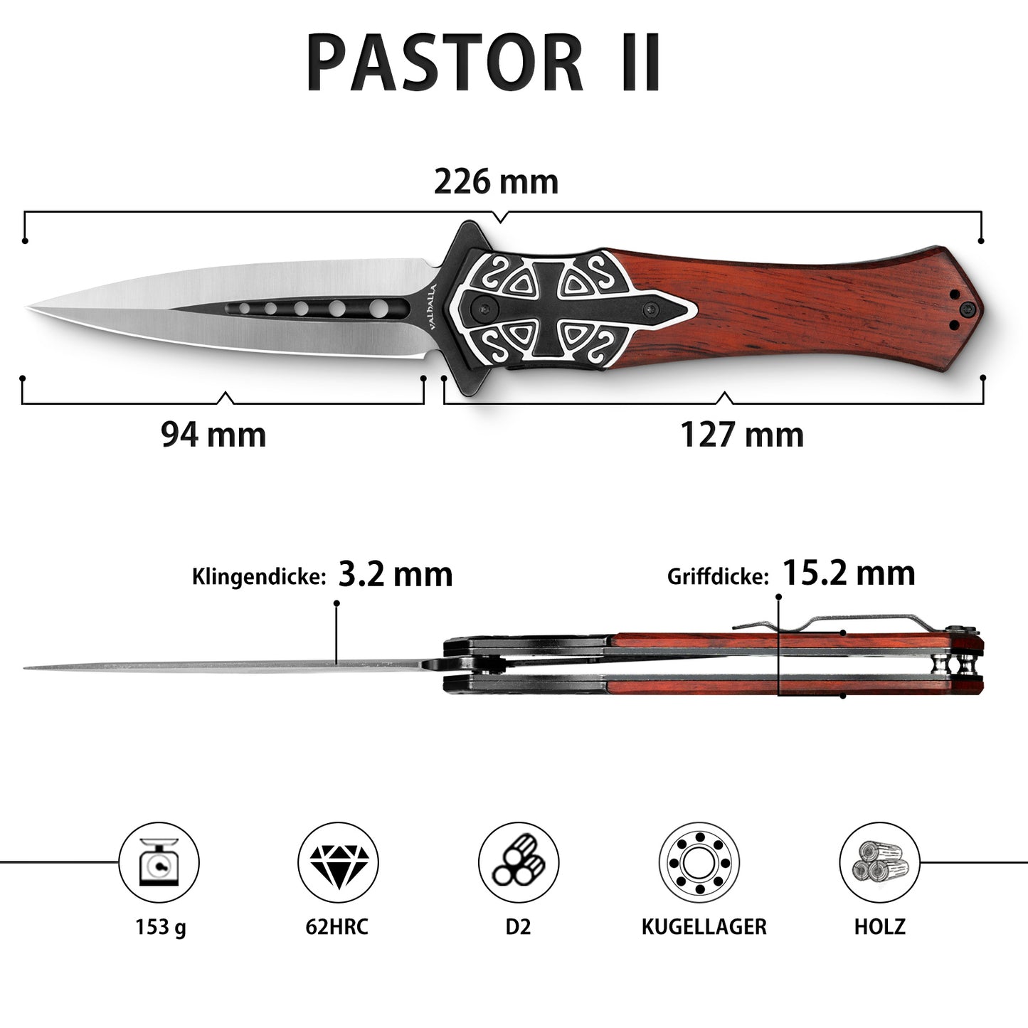 LOTHAR PASTOR 2 Klappmesser, D2 Stahl Einhandmesser mit Gürtelclip, Taschenmesser mit 3D Prägen Reliefgravur, Liner Lock, Geeignet für Sammlung