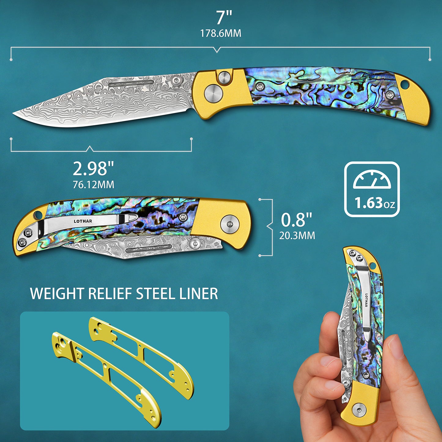 Damaskus Handgefertigtes Klappmesser mit Knopfverschluss aus geschmiedetem Damaszenerstahl,  mit Griff aus Abalone-Muschel und VG10-Stahl