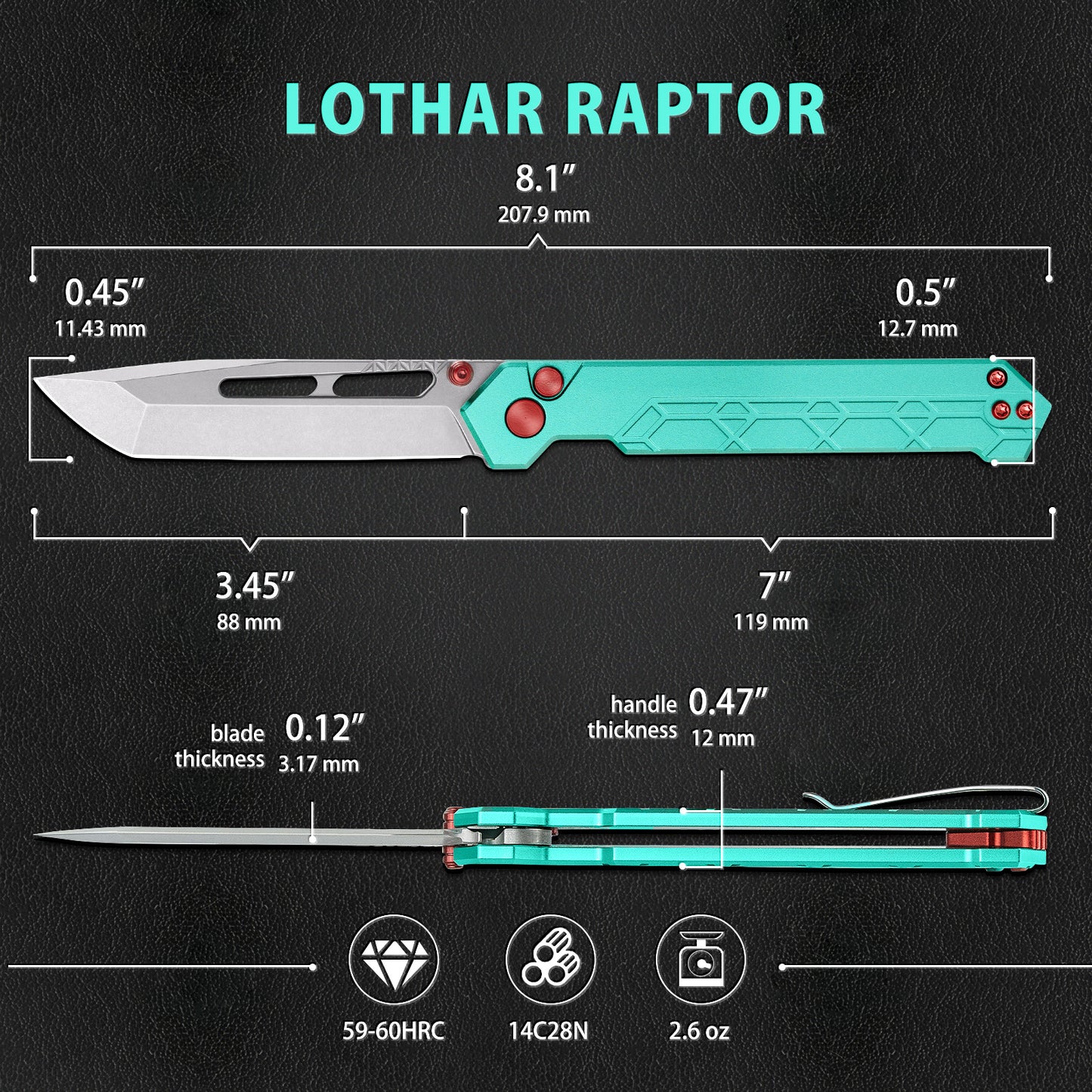 LOTHAR RAFAEL Taschenmesser, 8.8 CM 14C28N Stahl Klinge Klappmesser, Einhandmesser mit Aluminium Griff, Button Lock EDC Messer mit Clip, Sammlung & Geschenk