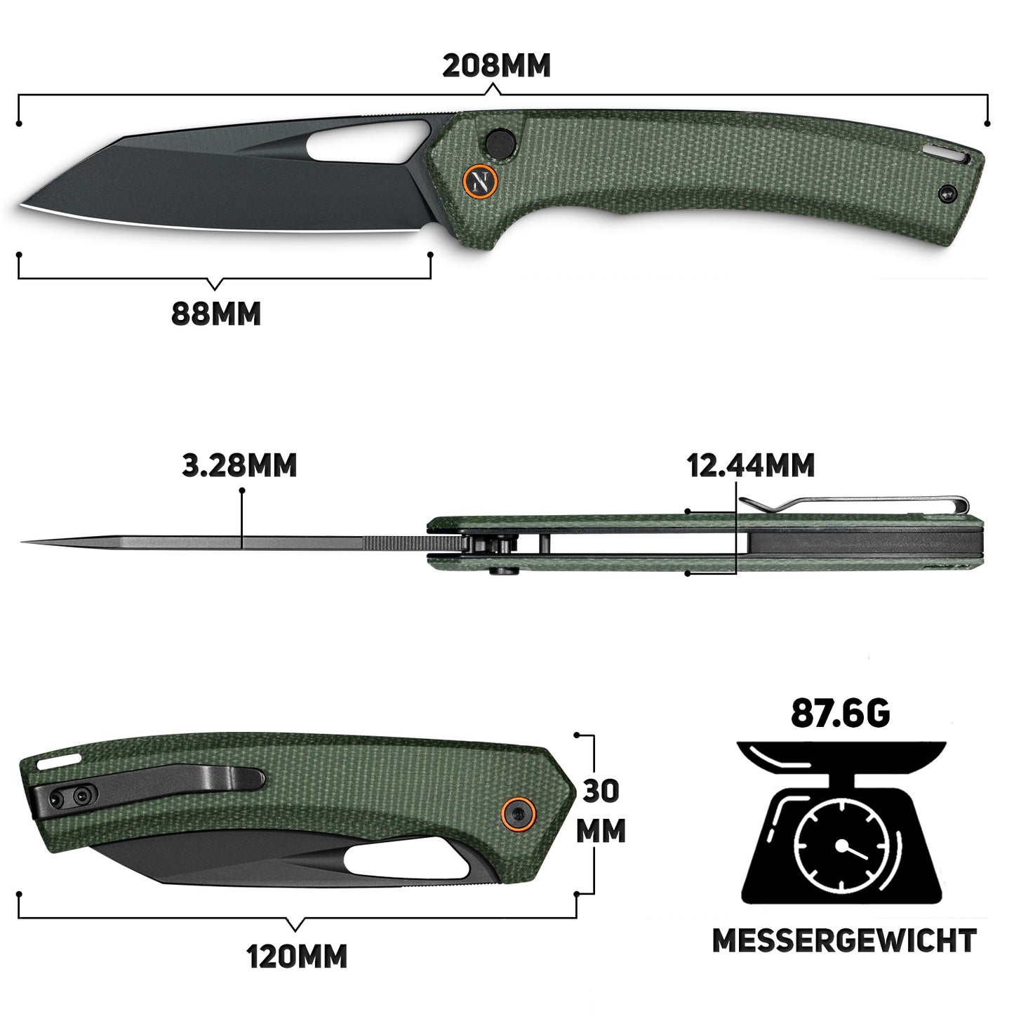 NedFoss MAMBA II Klappmesser, 8.8CM 14C28N Stahl Taschenmesser mit Button-Lock, Einhandmesser mit Micarta Griff, Outdoor Messer mit Gürtelclip, Survival Messer für den Alltag, Sammlung & Geschenk