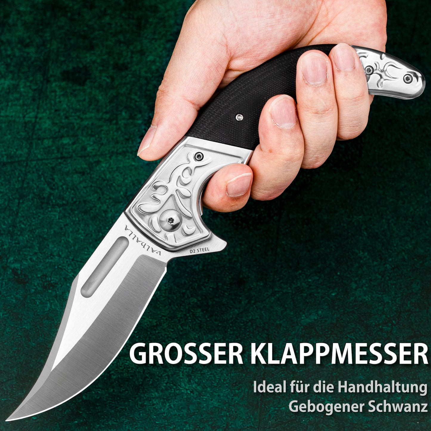 LOTHAR D2 Stahl Klappmesser, Einhandmesser mit G10 Griff, Taschenmesser mit Gürtelclip, Großes Outdoor Messer, Geeignet für Sammlung (TYRANNOSAURUS REX)
