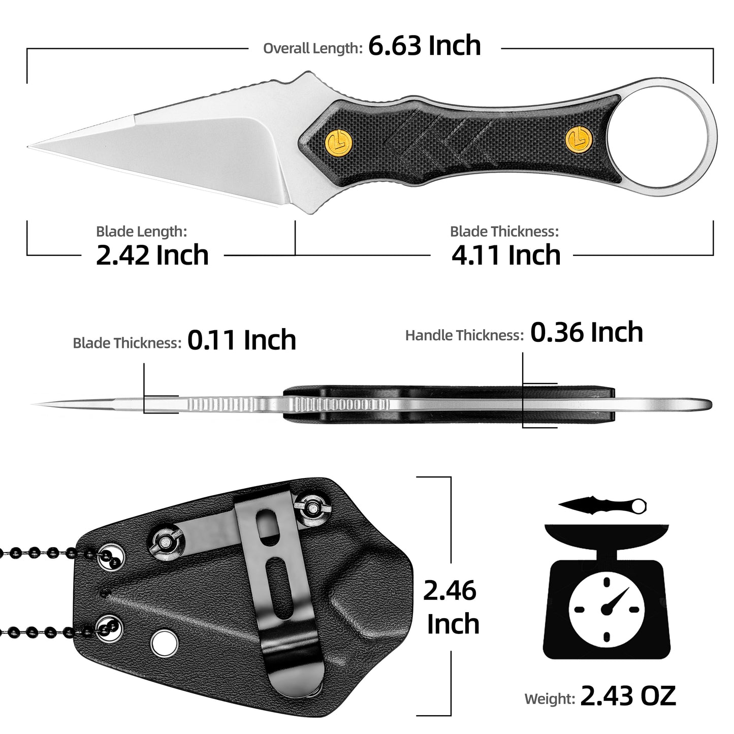 LOTHAR PORCUPINE 14C28N Stahl Neck Knife Messer,42A Fulltang Kleines Feststehendes Messer mit G10 Griff, Outdoor Messer mit Kydex Scheide und Gürtelclip (Schwarze Klinge)