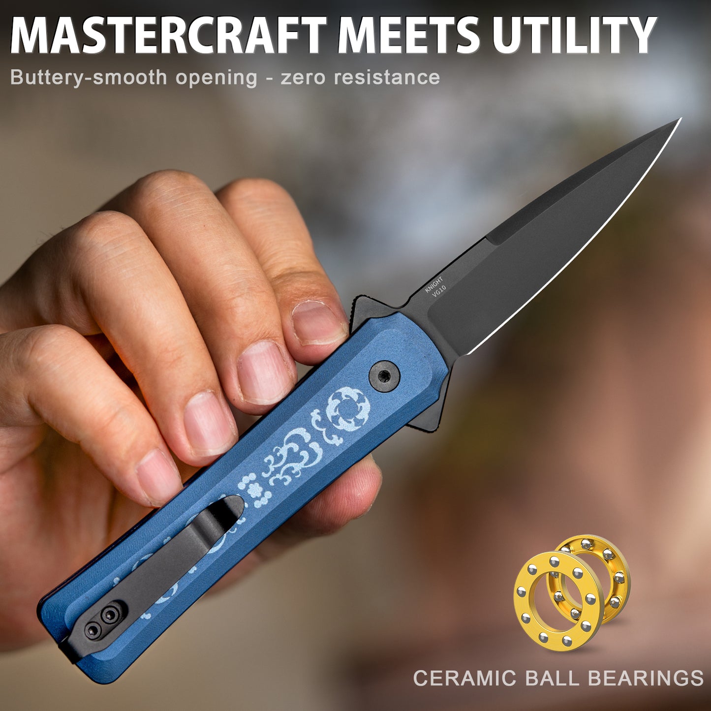 LOTHAR KNIGHT 2,9 Zoll VG10 Stahlklinge, Flipper-Knopfverschluss, Taschenmesser mit Clip