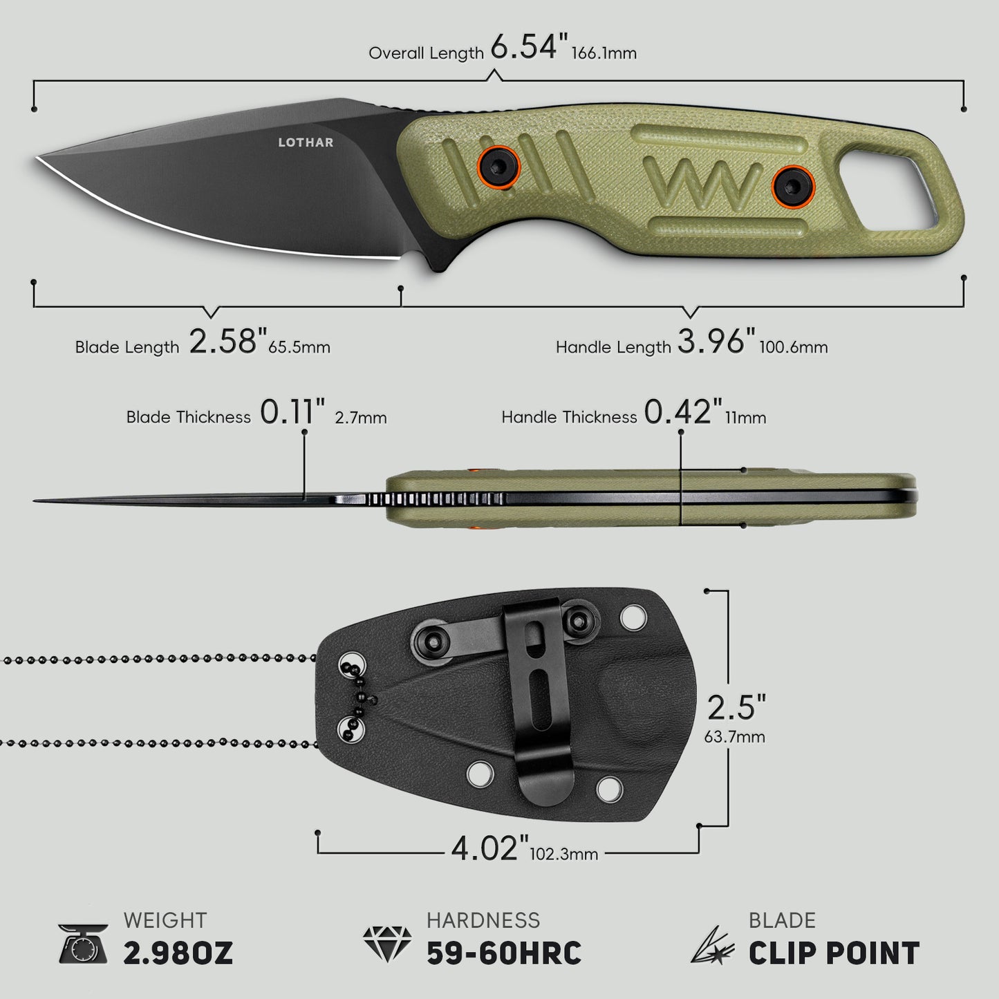 LOTHAR TURTLE 2,75" 14C28N Stahlklinge Kleine Camping-Halsmesser mit feststehender Klinge, grünem G10-Griff und Scheide