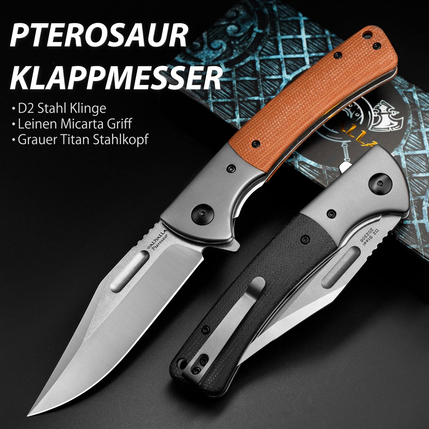 LOTHAR PTEROSAUR Klappmesser, D2 Stahl Einhandmesser mit Micarta Griff, Taschenmesser mit Gürtelclip, Outdoor Messer, Geeignet für Sammlung