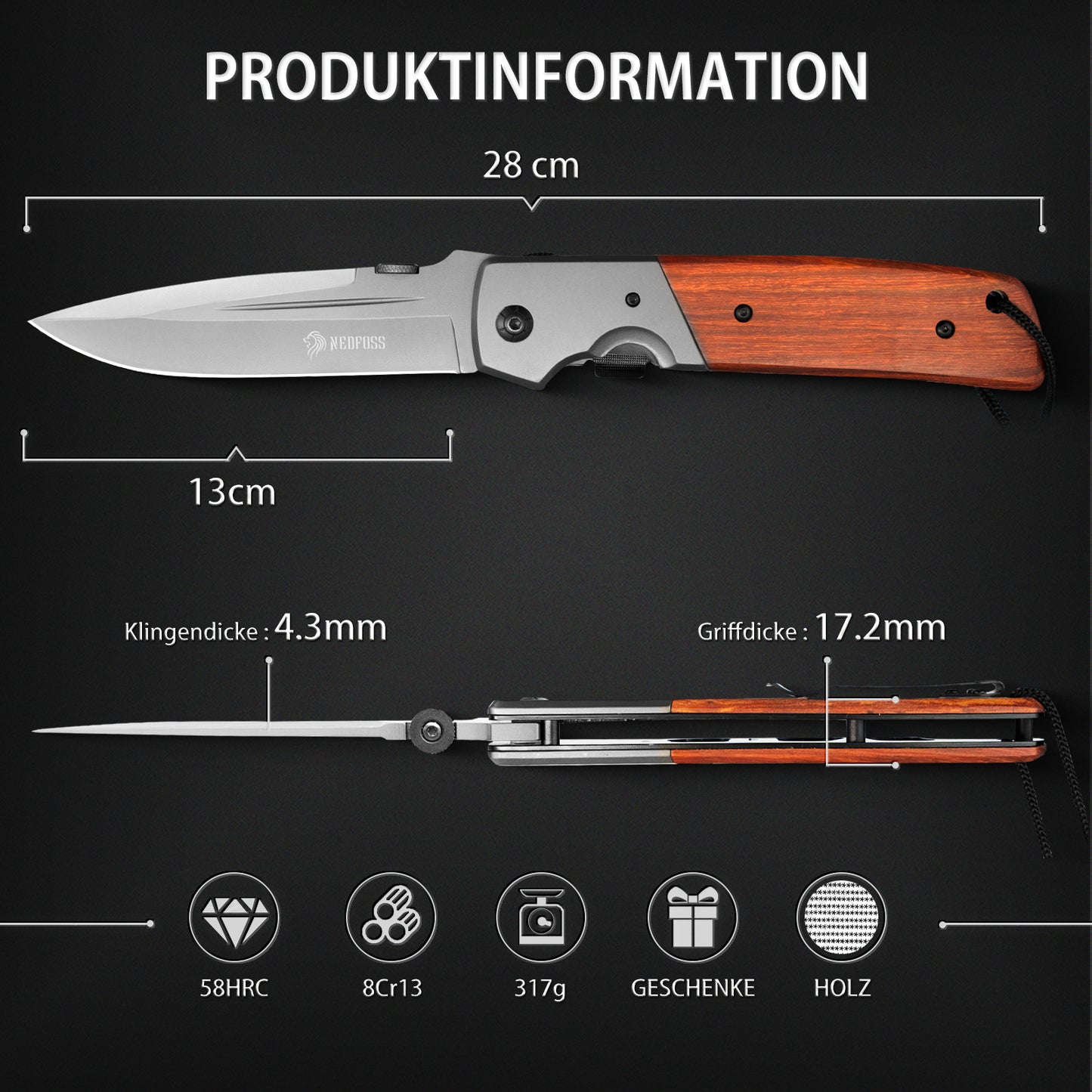 NedFoss DA52 Klappmesser,  Grosses Taschenmesser mit 13cm Klinge, Universal Outdoor Klappmesser, Einhandmesser