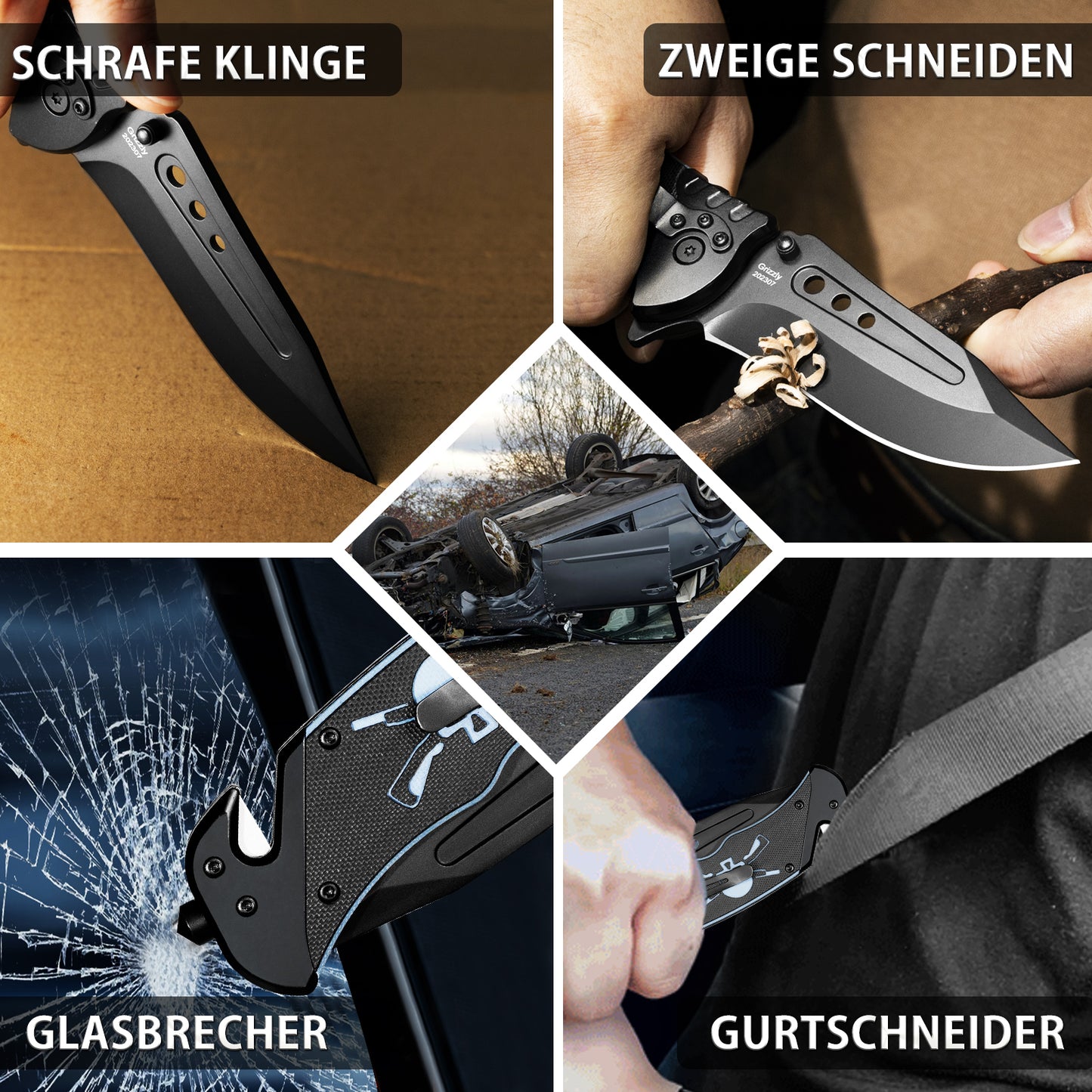 NedFoss GRIZZLY 3 IN 1 Taschenmesser, Rettungsmesser mit Gurtschneider & Glasbrecher, Klappmesser mit Gürtelclip, Survival Messer Outdoor für Auto, Einhandmesser, überlebensmesser, Rescue messer