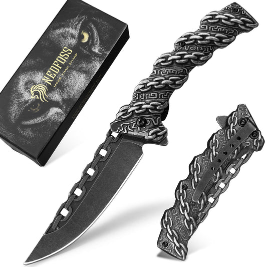 NedFoss CHAIN Klappmesser, scharfes Taschenmesser, Messer Outdoor mit einzigartigem Aussehen, Outdoor Messer, campingmesser mit Liner-Lock-Verschluss