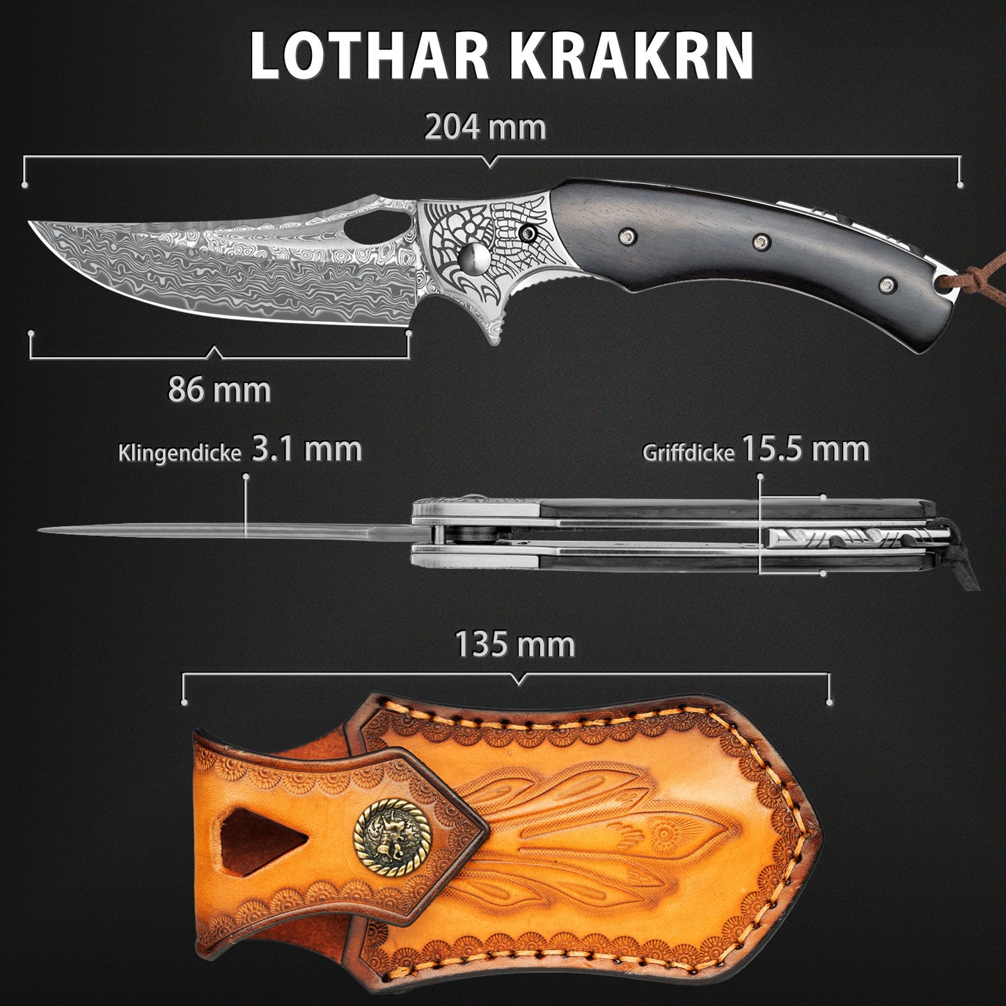 LOTHAR KRAKEN Taschenmesser, Damast Klappmesser aus 67 Lagen VG10 Damaststahl, Damast Taschenmesser mit Scharfe Klinge und Ebenholzgriff, Damastmesser für Sammlung oder Geschenk (Ebenholz)