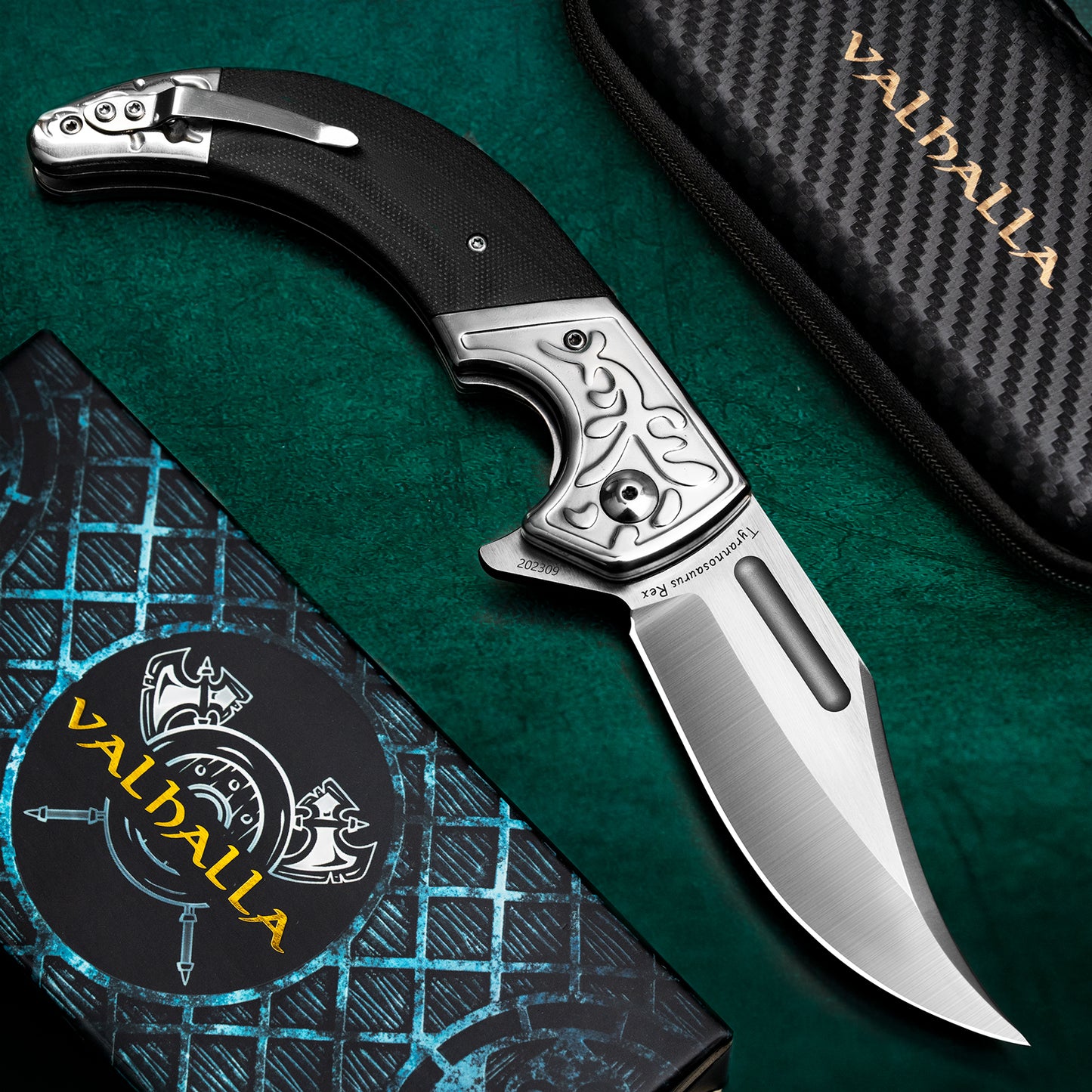 LOTHAR D2 Stahl Klappmesser, Einhandmesser mit G10 Griff, Taschenmesser mit Gürtelclip, Großes Outdoor Messer, Geeignet für Sammlung (TYRANNOSAURUS REX)