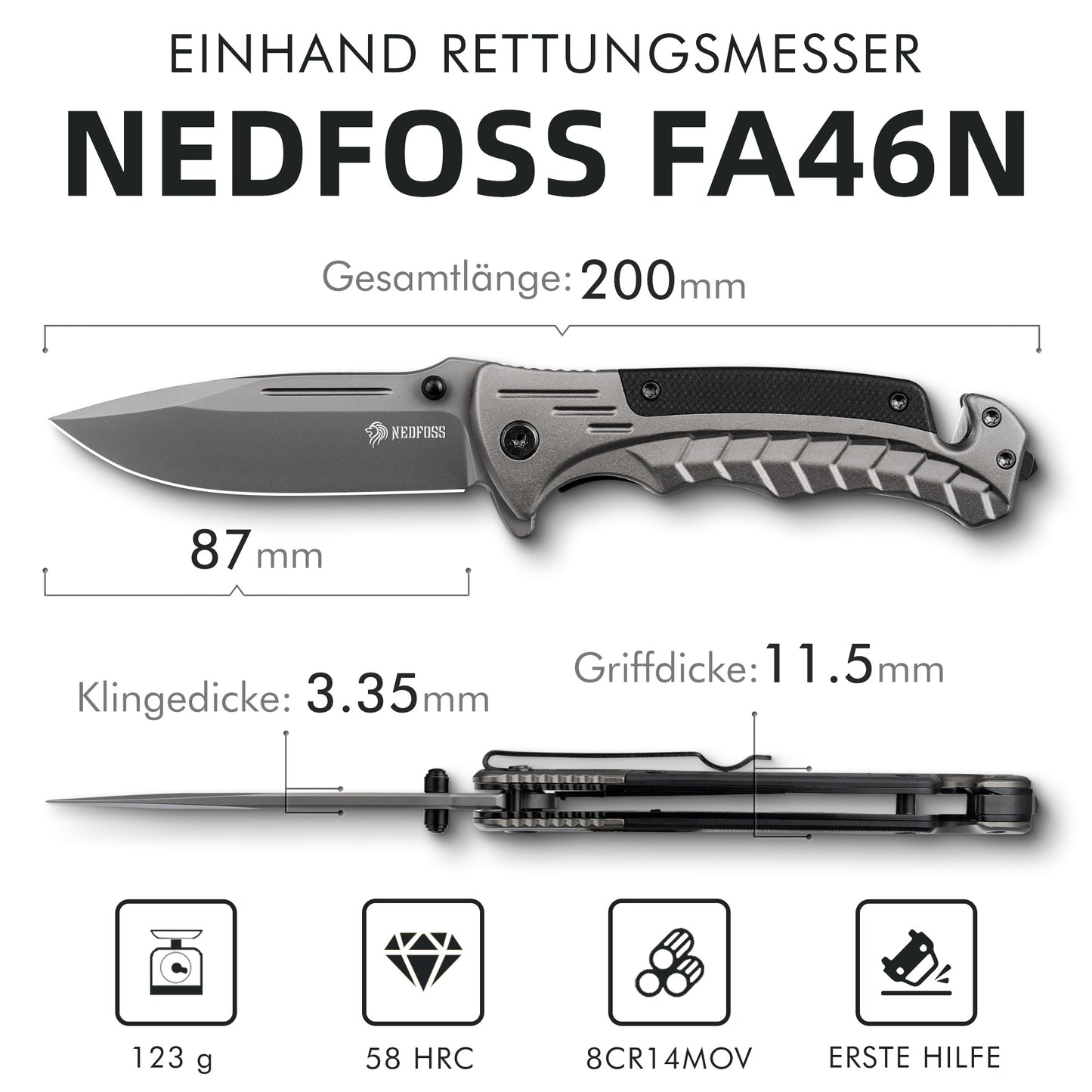 NedFoss FA46N Taschenmesser, Rettungsmesser mit Gurtschneider & Glasbrecher, Klappmesser mit Gürtelclip, Einhandmesser für Auto, Survival überlebensmesser für Unfallsituationen, Rescue messer