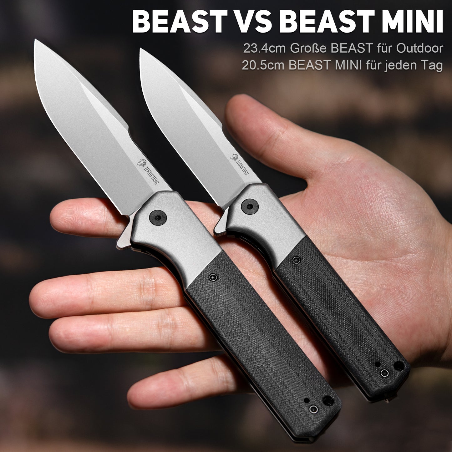 NedFoss BEAST Klappmesser, 10cm D2 Stahl Klinge, großes Taschenmesser, G10 Handle, Scharfes Einhandmesser mit Scheide