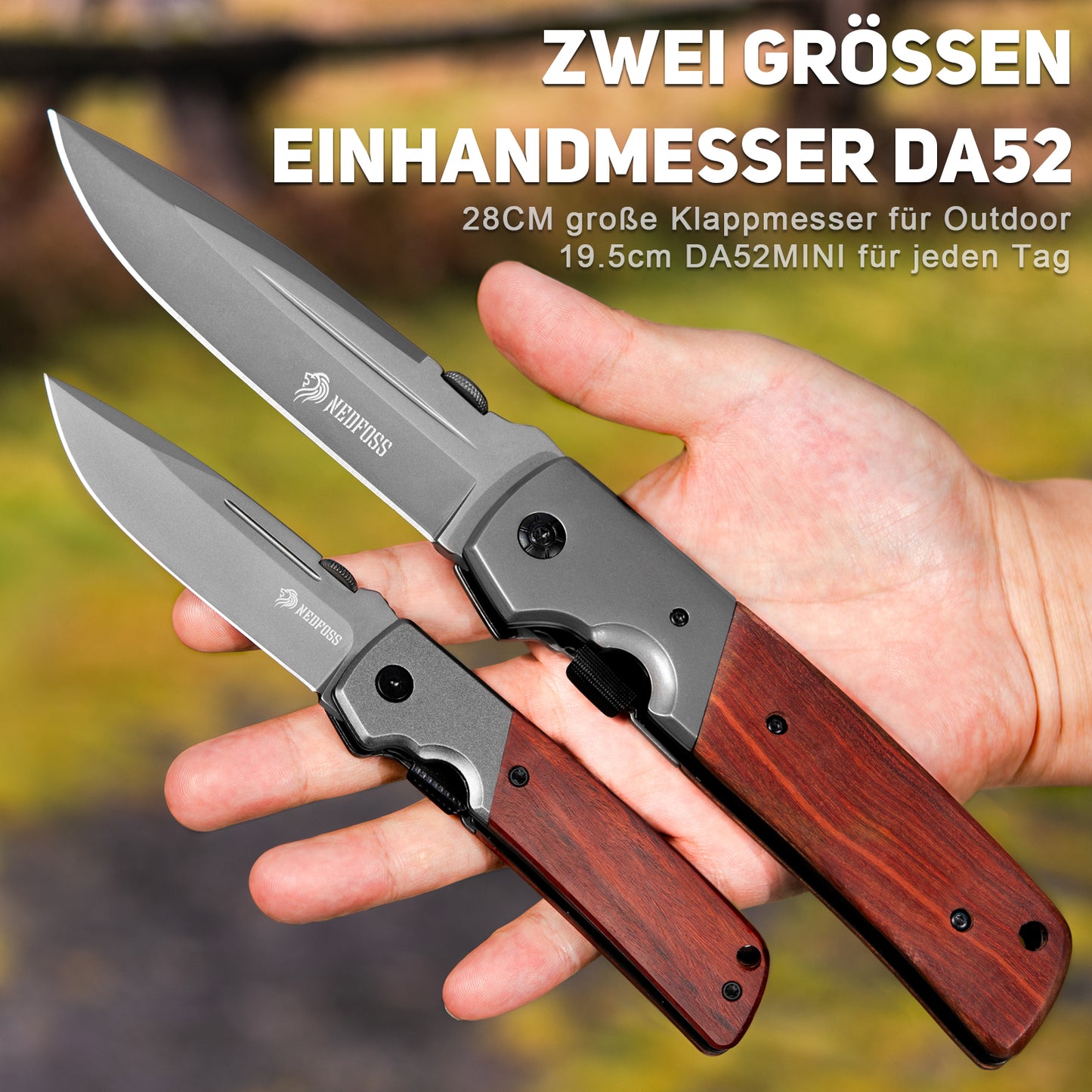 NedFoss DA52MINI Klappmesser, 8.5cm Einhandmesser mit Holzgriff & Liner Lock, Taschenmesser mit Clip, Outdoor Survival Messer, Gartenmesser, Brotmesser für den Alltag, als Sammlung & Geschenk