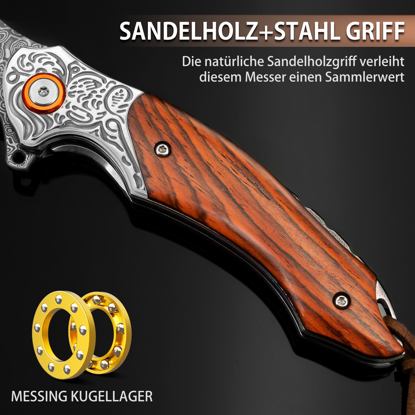 LOTHAR TUNA Damast Klappmesser, Damast Taschenmesser aus 67 Lagen VG10 Damaststahl, Einhandmesser mit Scharfe Klinge und Rosenholzgriff, Gürtelclip, für Sammlung oder Geschenk