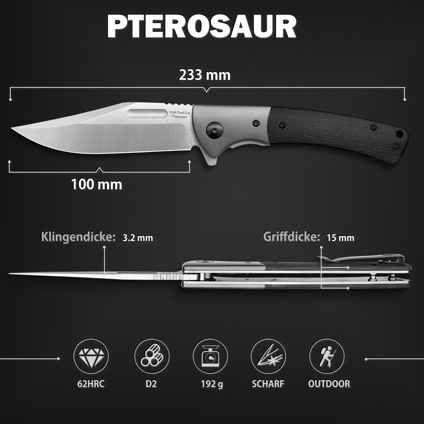 LOTHAR PTEROSAUR Klappmesser, D2 Stahl Einhandmesser mit Micarta Griff, Taschenmesser mit Gürtelclip, Outdoor Messer, Geeignet für Sammlung