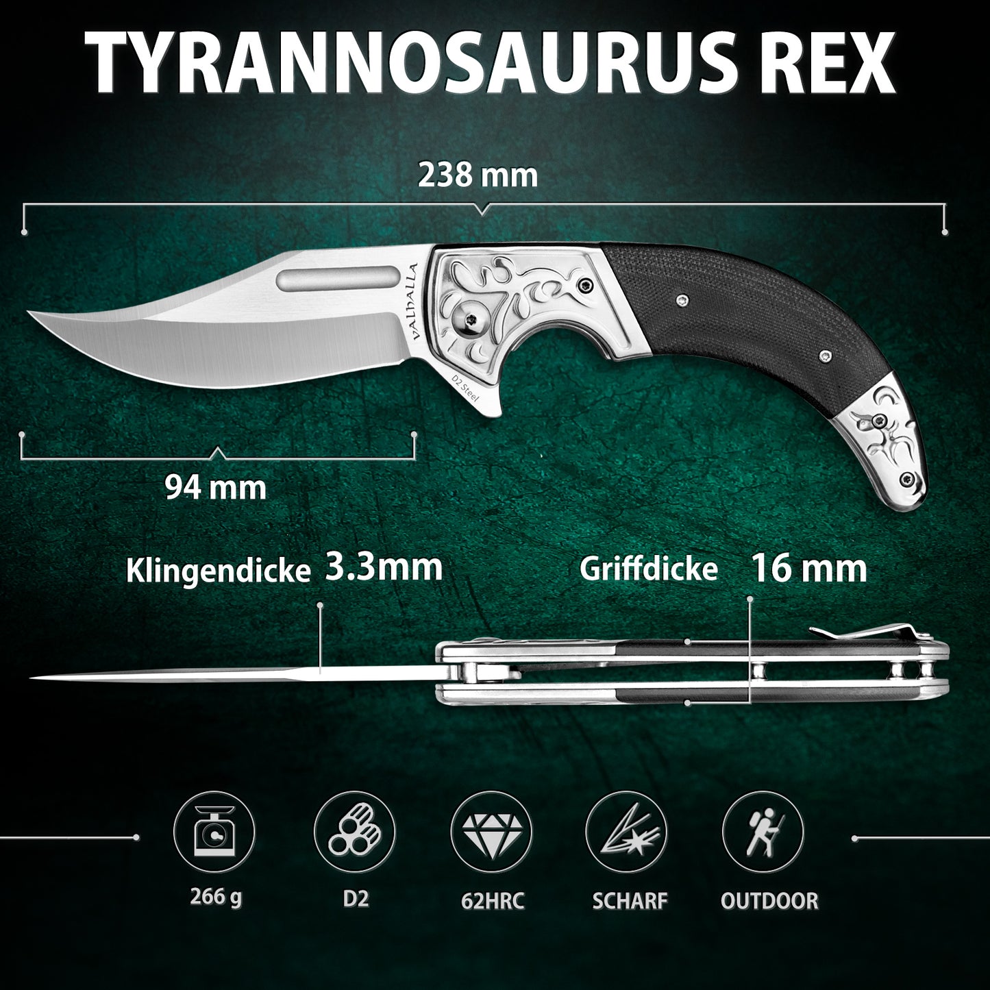 LOTHAR D2 Stahl Klappmesser, Einhandmesser mit G10 Griff, Taschenmesser mit Gürtelclip, Großes Outdoor Messer, Geeignet für Sammlung (TYRANNOSAURUS REX)