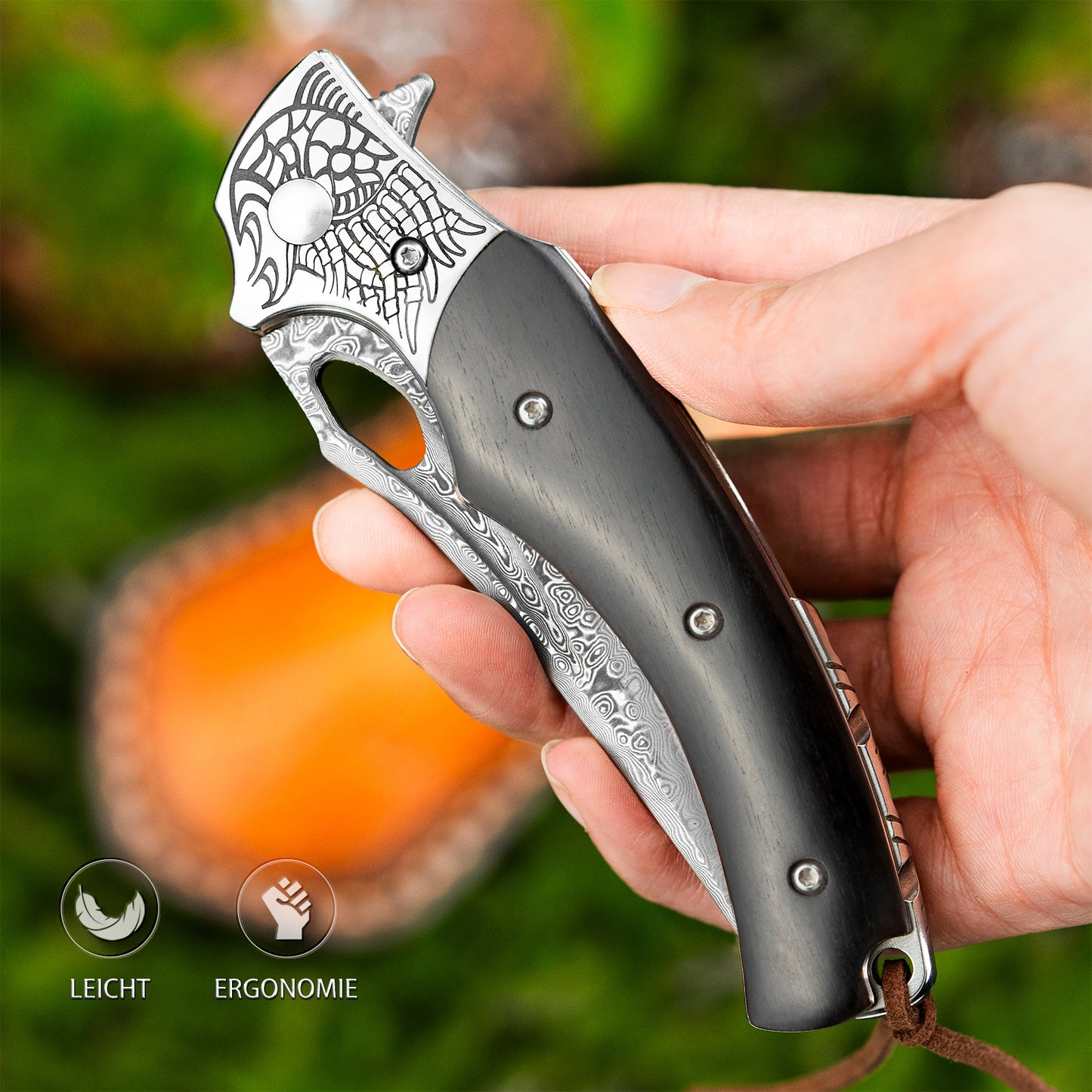 LOTHAR KRAKEN Taschenmesser, Damast Klappmesser aus 67 Lagen VG10 Damaststahl, Damast Taschenmesser mit Scharfe Klinge und Ebenholzgriff, Damastmesser für Sammlung oder Geschenk (Ebenholz)