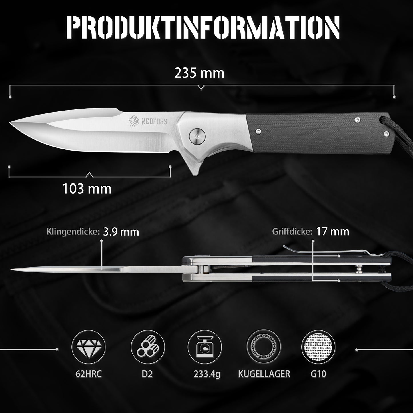 NedFoss BEAST Couteau pliant, lame de 10 cm en acier D2, couteau de poche avec manche G10, couteau à ouverture à une main avec liner lock et roulement à billes, couteau d'extérieur avec clip, couteau de survie pour collection et cadeau